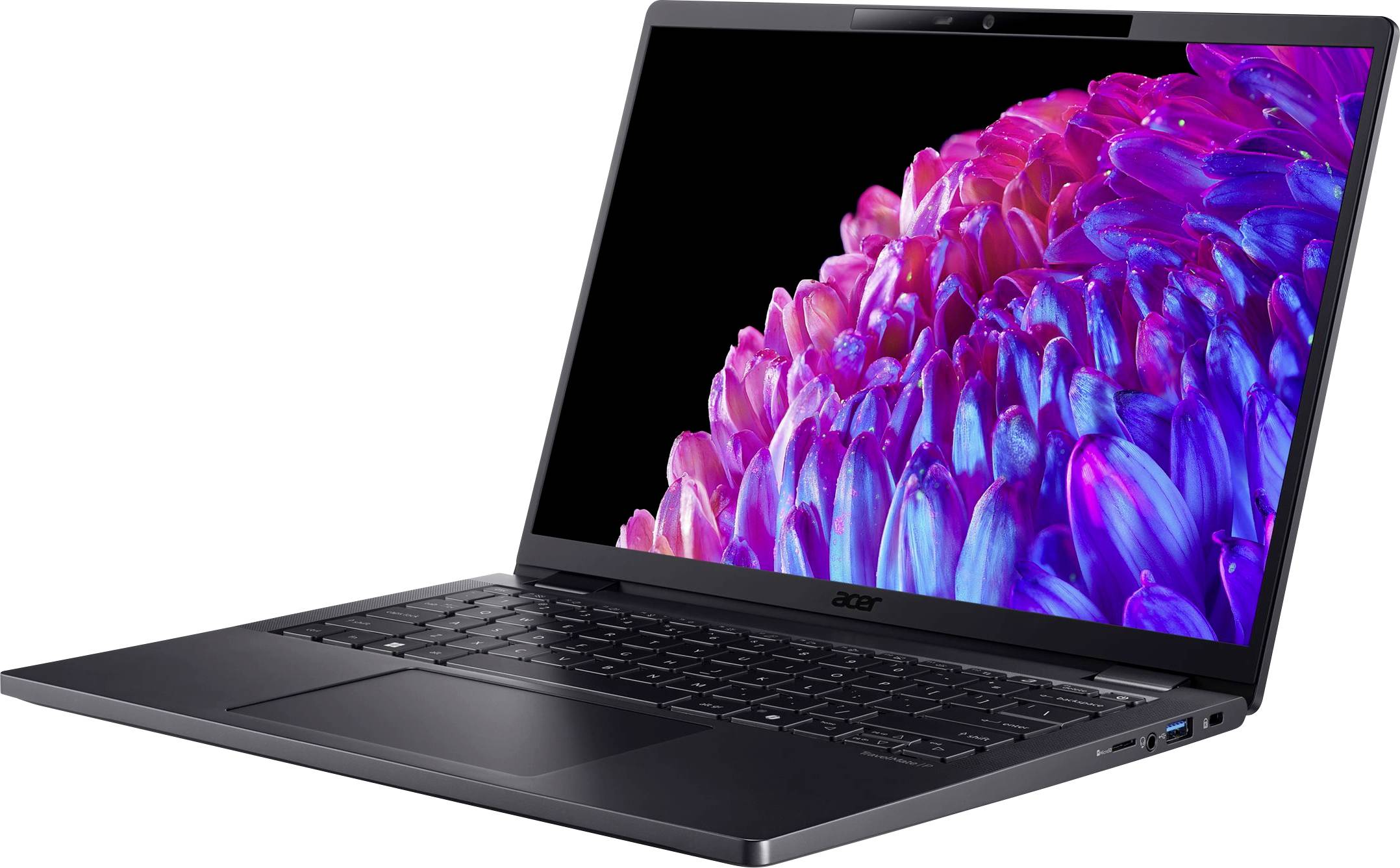 Ein geöffneter Laptop mit einem leuchtenden, bunten Blumenbild auf dem Display. Die Tastatur und das Touchpad sind sichtbar.