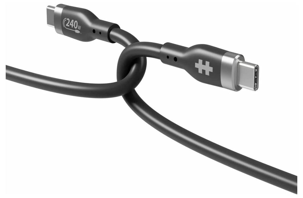 Ein schwarzes USB-C-Kabel mit zwei Steckern, das mit 240W beschriftet ist. Es ist verdreht, was den Eindruck von Vielseitigkeit vermittelt.