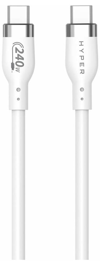 Ein weißes USB-C-Kabel mit der Aufschrift '240W' auf einem Stecker und 'HYPER' auf dem anderen. Geeignet für Hochleistungsgeräte.