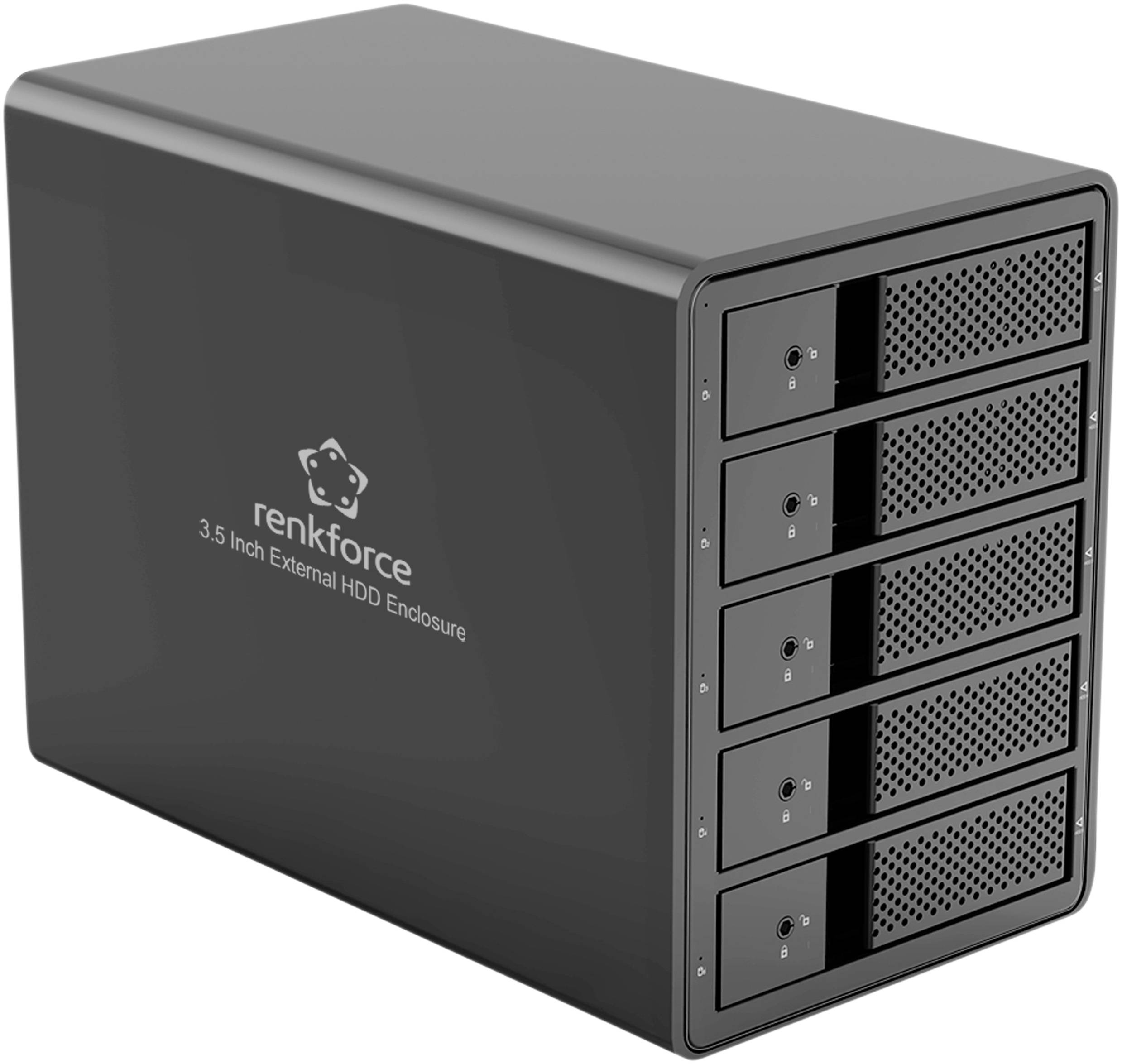 Externe Festplattengehäuse mit fünf Festplattenschächten zum Speichern und Organisieren von Daten. Markiert mit 'renkforce' und '3,5 Inch External HDD Enclosure'.