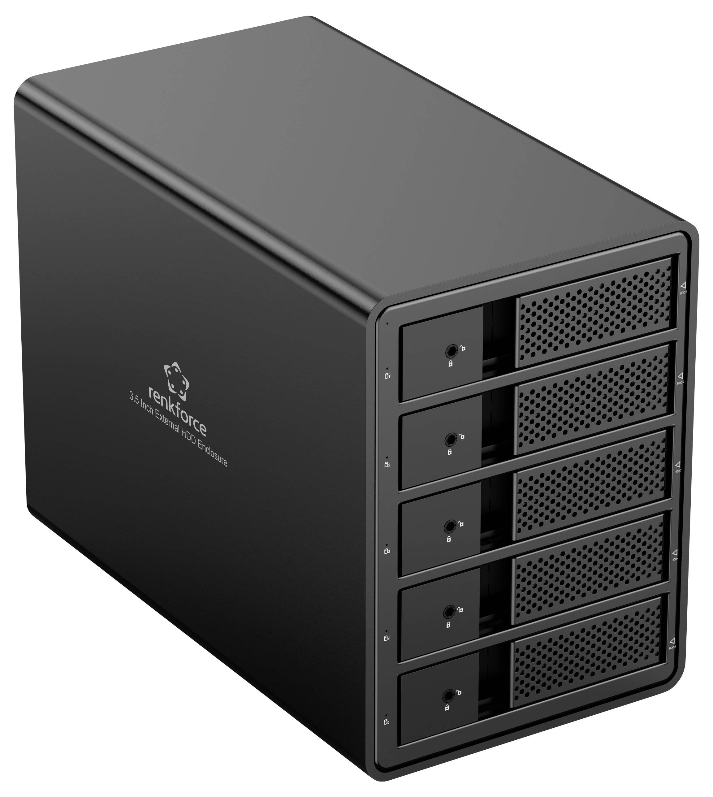 Ein schwarzes, rechteckiges Festplattengehäuse mit fünf Einschüben, geeignet für die Aufnahme mehrerer Festplatten zur Datenspeicherung.