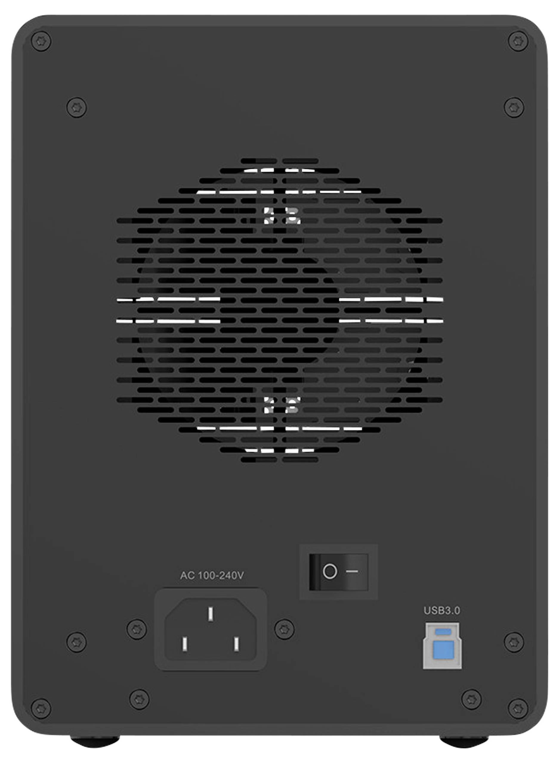Rückseite eines elektronischen Geräts mit Lüfter, Netzschalter, Stromanschluss und USB 3.0-Port. Gerät unterstützt 100-240V AC.