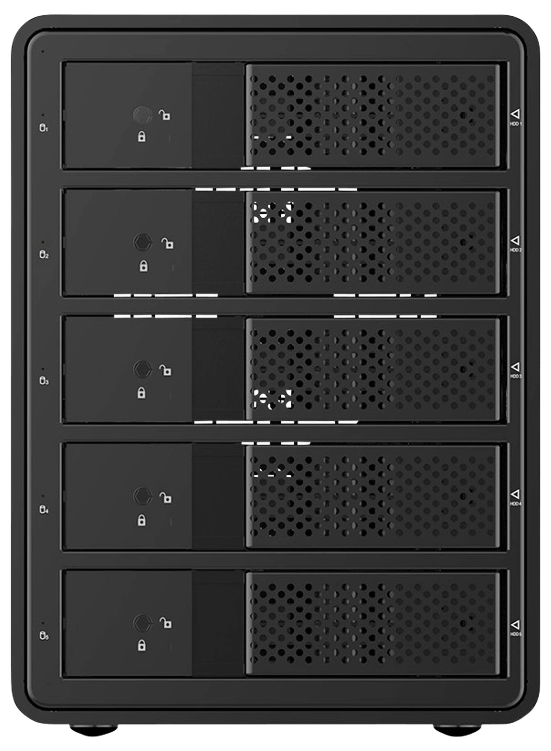 Ein schwarzer Festplattenspeicher mit fünf Einschüben, davon drei mit einem Schloss-Symbol gesichert.