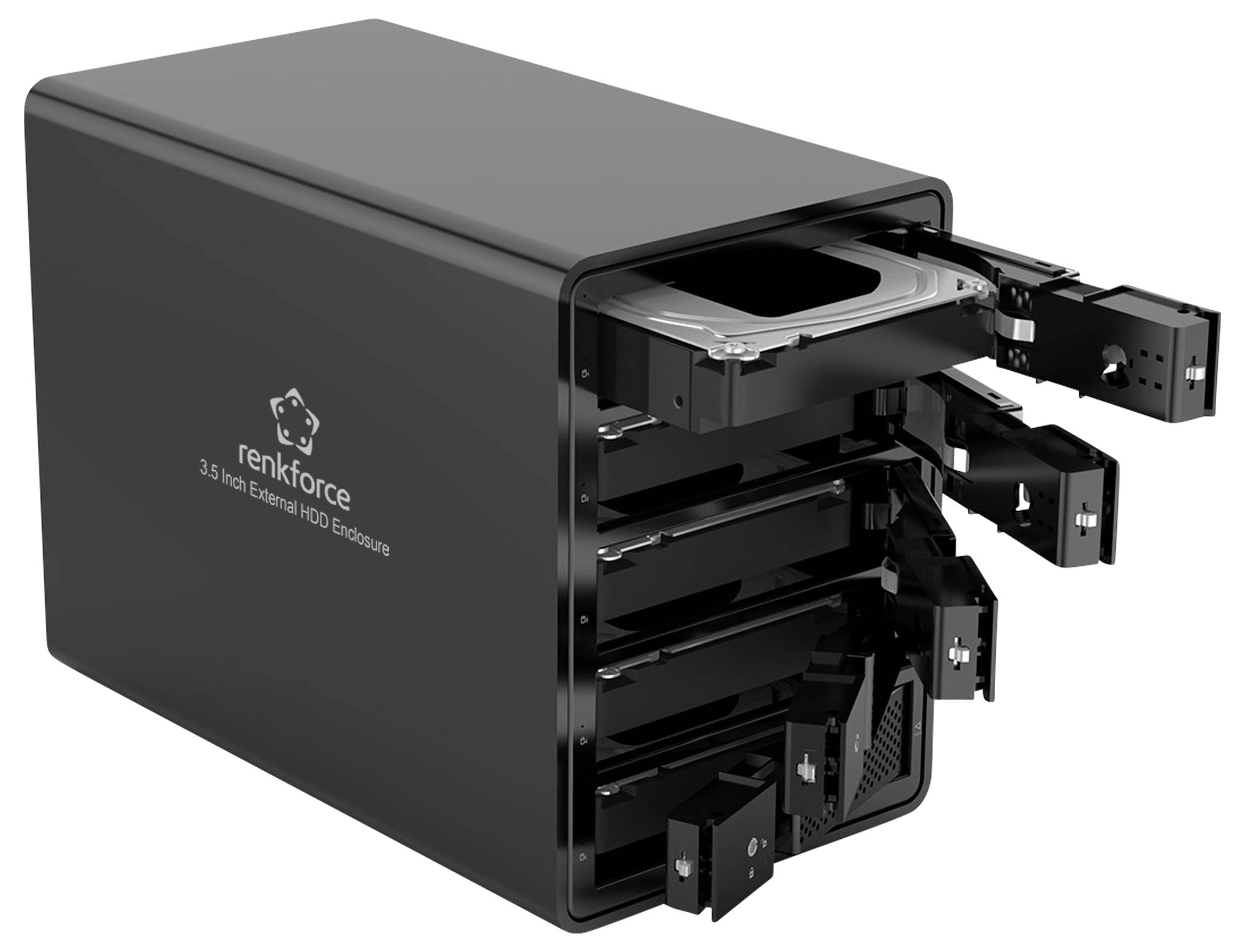 Externes 3,5-Zoll-Festplattengehäuse mit mehreren Einschüben, erweiterbar für zusätzliche Festplattenlagerung, schwarz.