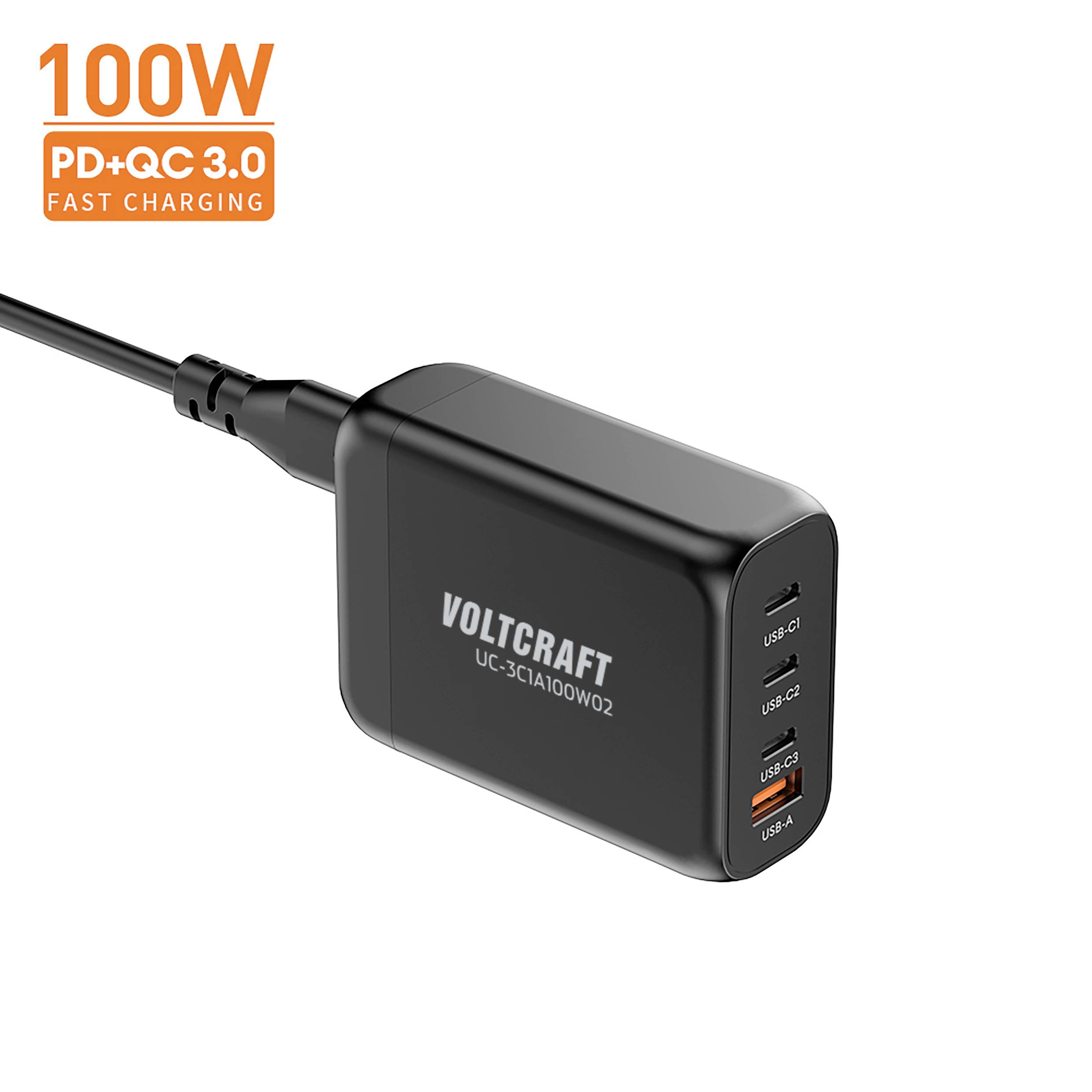 VOLTCRAFT UC-3C1A100W02 USB Ladegerät 100W 3x USB-C®, 1x USB-A USB PD Schwarz Innenbereich GaN, USB Power Delivery (USB-PD)