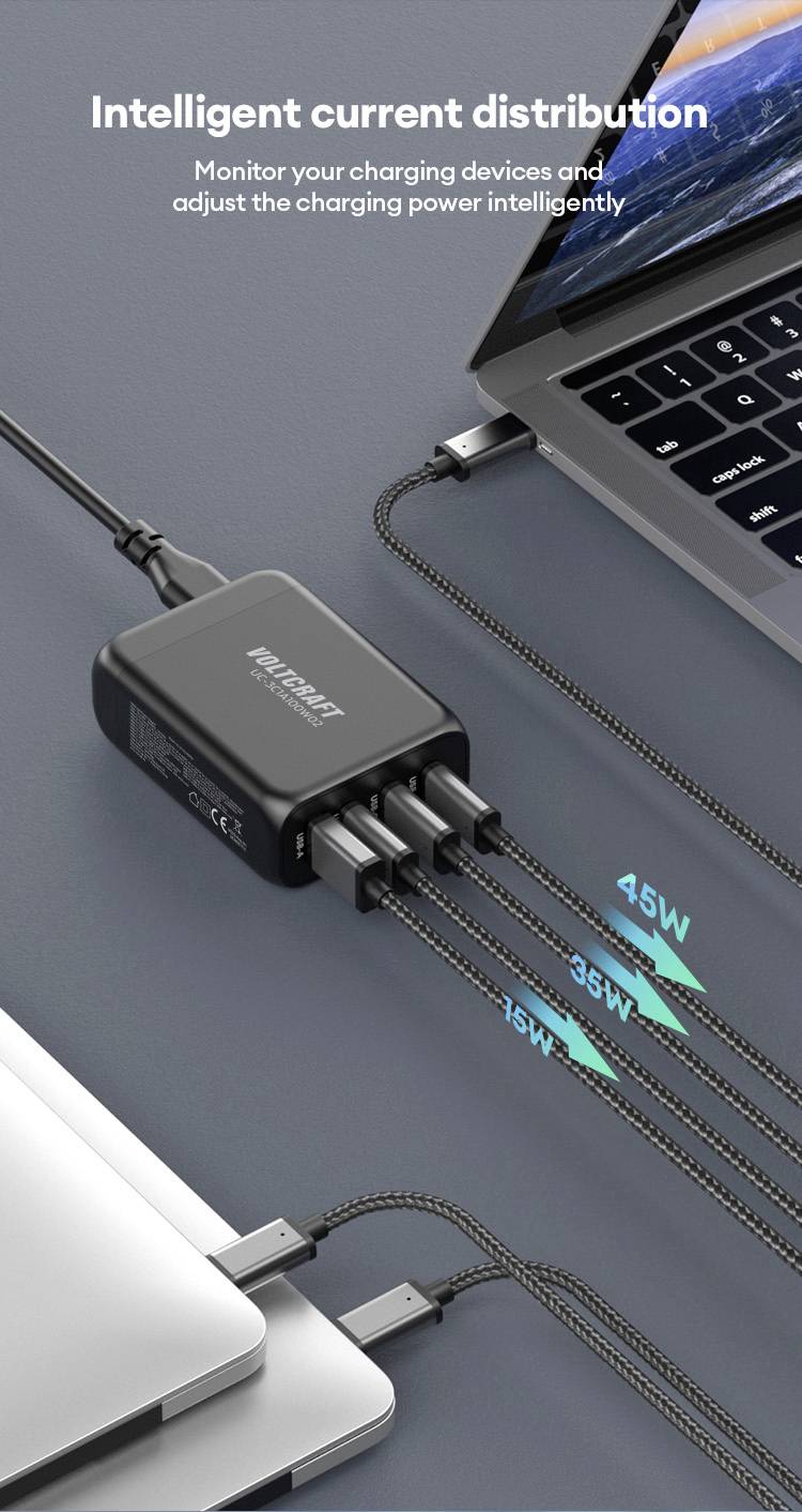 VOLTCRAFT UC-3C1A100W02 USB Ladegerät 100W 3x USB-C®, 1x USB-A USB PD Schwarz Innenbereich GaN, USB Power Delivery (USB-PD)