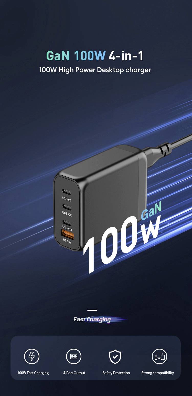 VOLTCRAFT UC-3C1A100W02 USB Ladegerät 100W 3x USB-C®, 1x USB-A USB PD Schwarz Innenbereich GaN, USB Power Delivery (USB-PD)