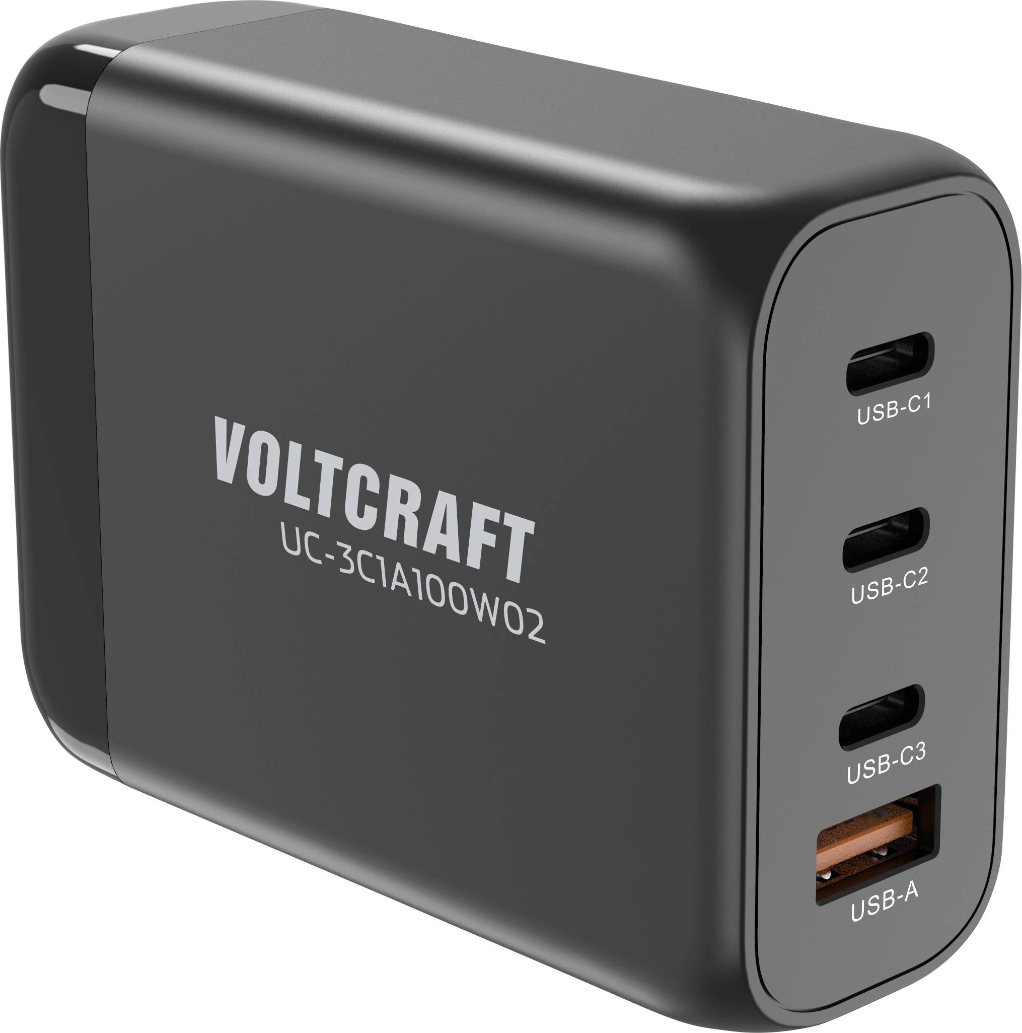 Schwarzes Ladegerät mit drei USB-C- und einem USB-A-Anschluss, Markierung 'VOLTCRAFT' und Modellnummer 'UC-3C1A100W02' links.
