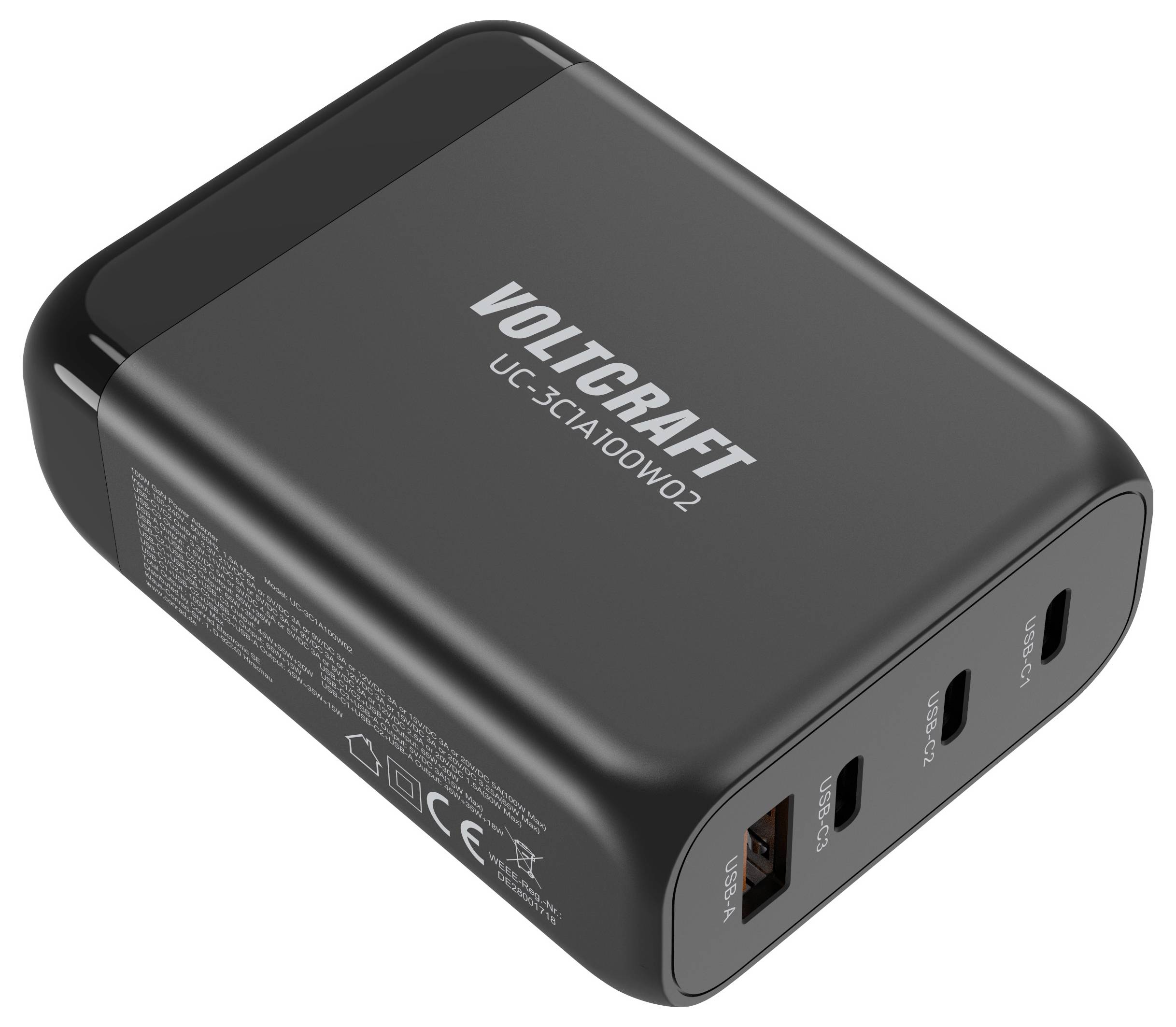 VOLTCRAFT UC-3C1A100W02 USB Ladegerät 100W 3x USB-C®, 1x USB-A USB PD Schwarz Innenbereich GaN, USB Power Delivery (USB-PD)
