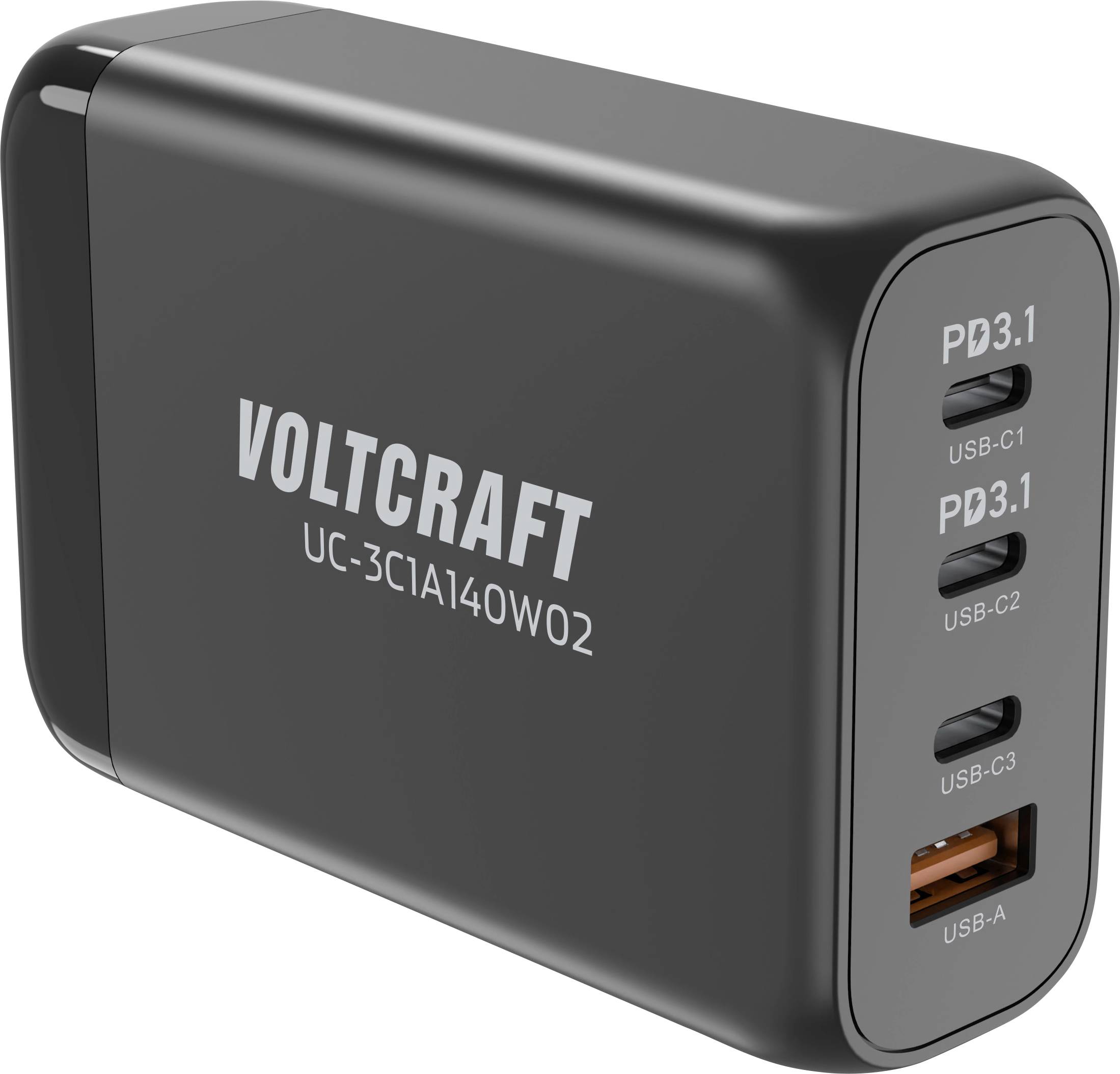 Schwarzes Voltcraft Ladegerät mit vier USB-Anschlüssen, davon drei USB-C 'PD3.1' und ein USB-A. Modellnummer: UC-3C1A140W02.