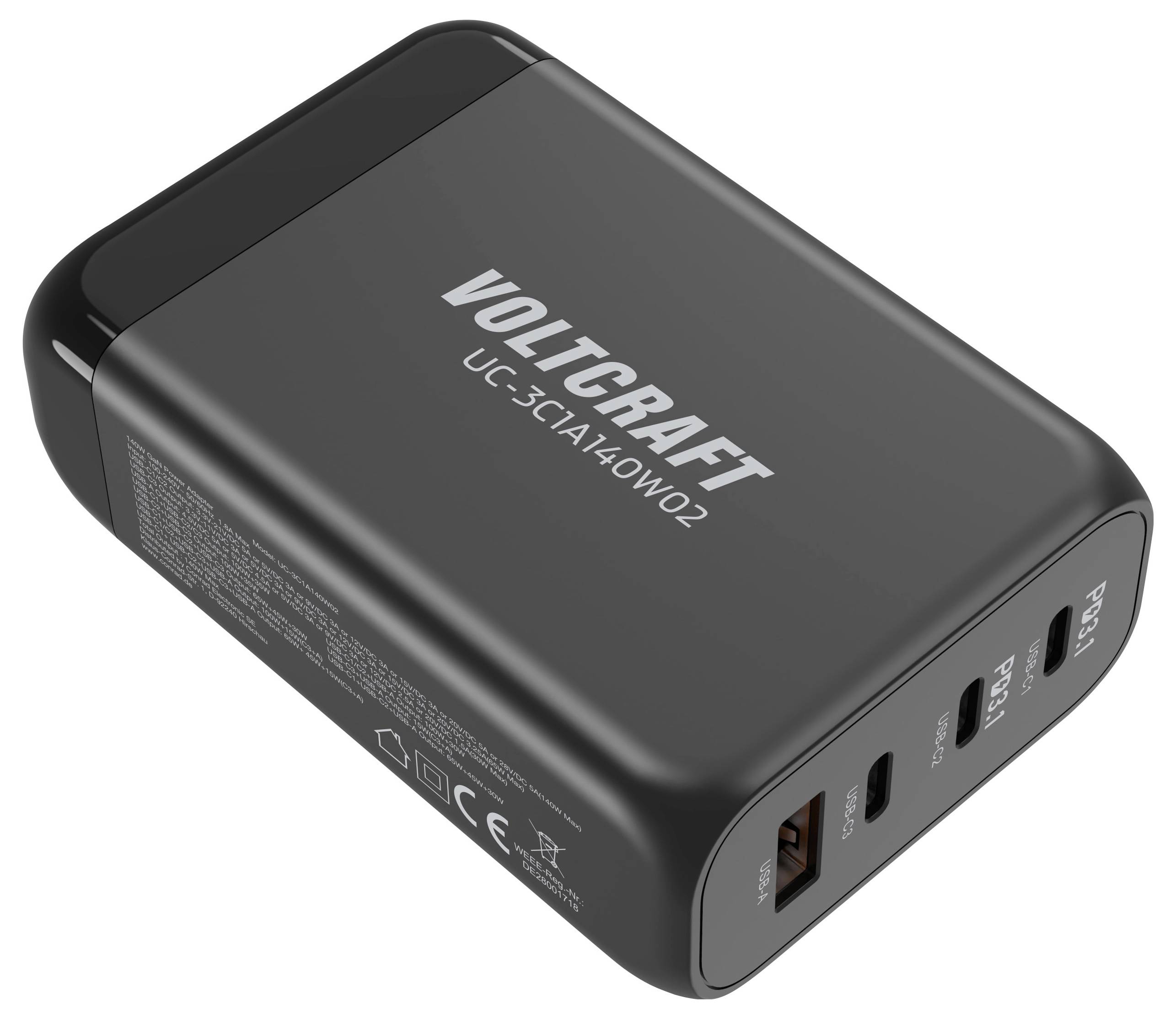 VOLTCRAFT UC-3C1A140W02 USB Ladegerät 140W 3x USB-C®, 1x USB-A Anzahl Ausgänge: 4 x GaN, USB Power Delivery (USB-PD)