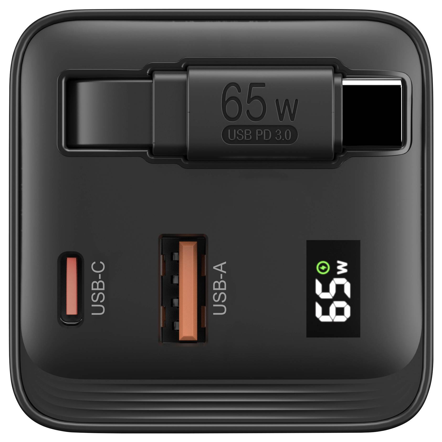 Ein schwarzes Ladegerät mit Anschlüssen: USB-C (65 W) und USB-A. LCD-Display zeigt '65 W'. Ideal für schnelles Aufladen.