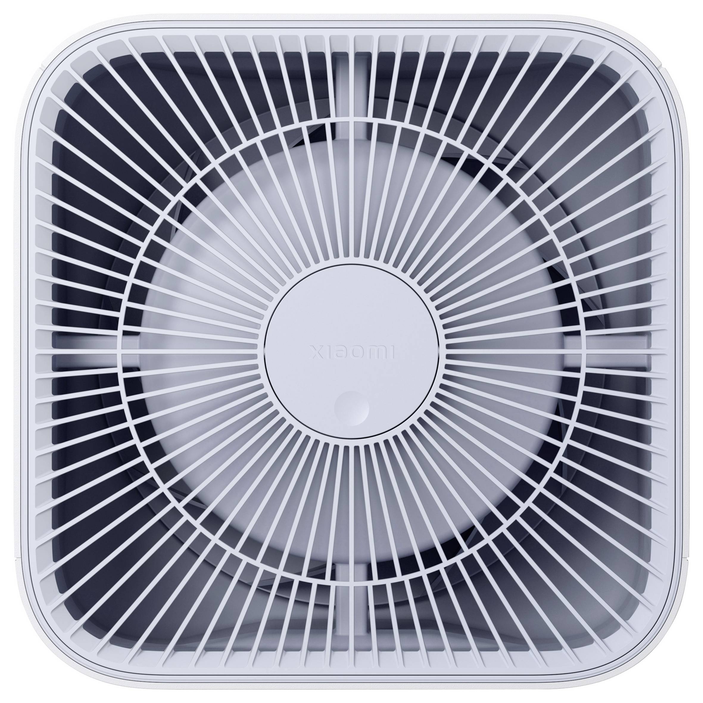 Ein quadratischer Luftreiniger von oben, zeigt ein Lüftungsgitter und den Markennamen in der Mitte.