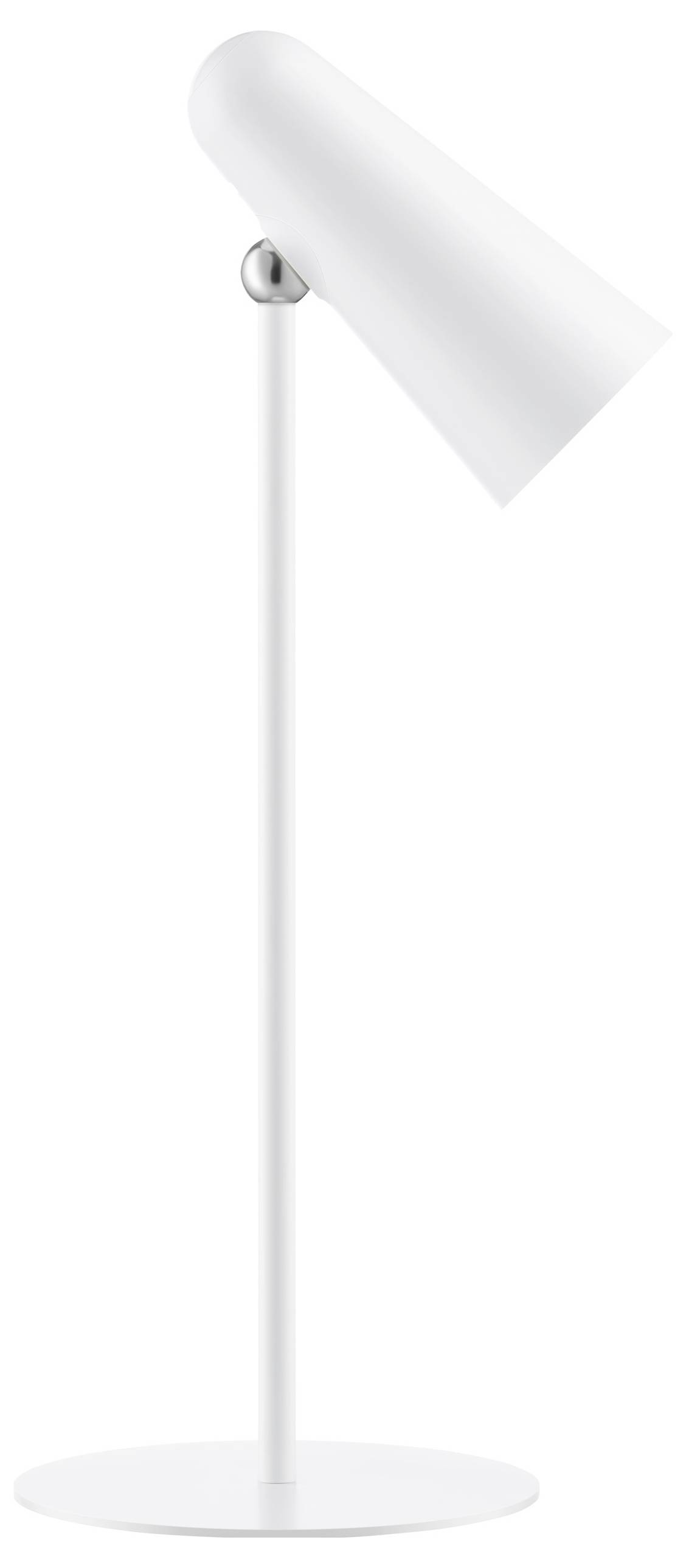 Weiße Tischlampe mit schlankem, modernem Design, zylindrischer Schirm und stabilem Standfuß. Ideal für minimalistische Inneneinrichtung.