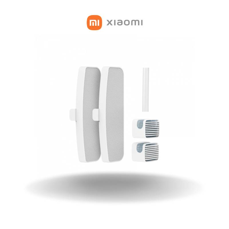 Zwei weiße, flache Sensoren mit Rillen in der Mitte, entworfen für Tür- und Fenstersicherheit. Xiaomi-Logo oben mittig.