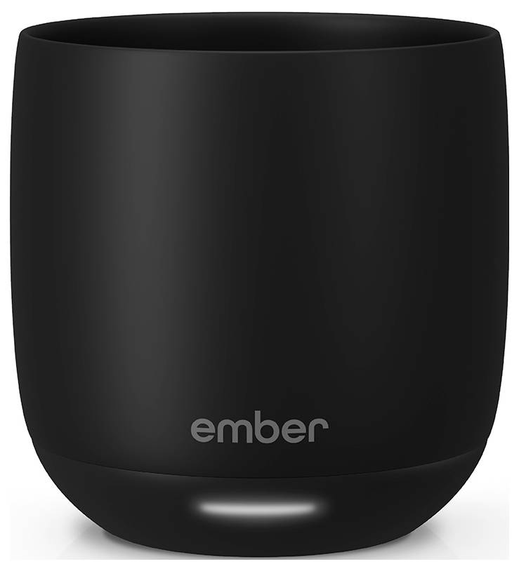 Schwarzer Ember-Becher mit Logo, hält Getränke warm durch Temperaturkontrolle.