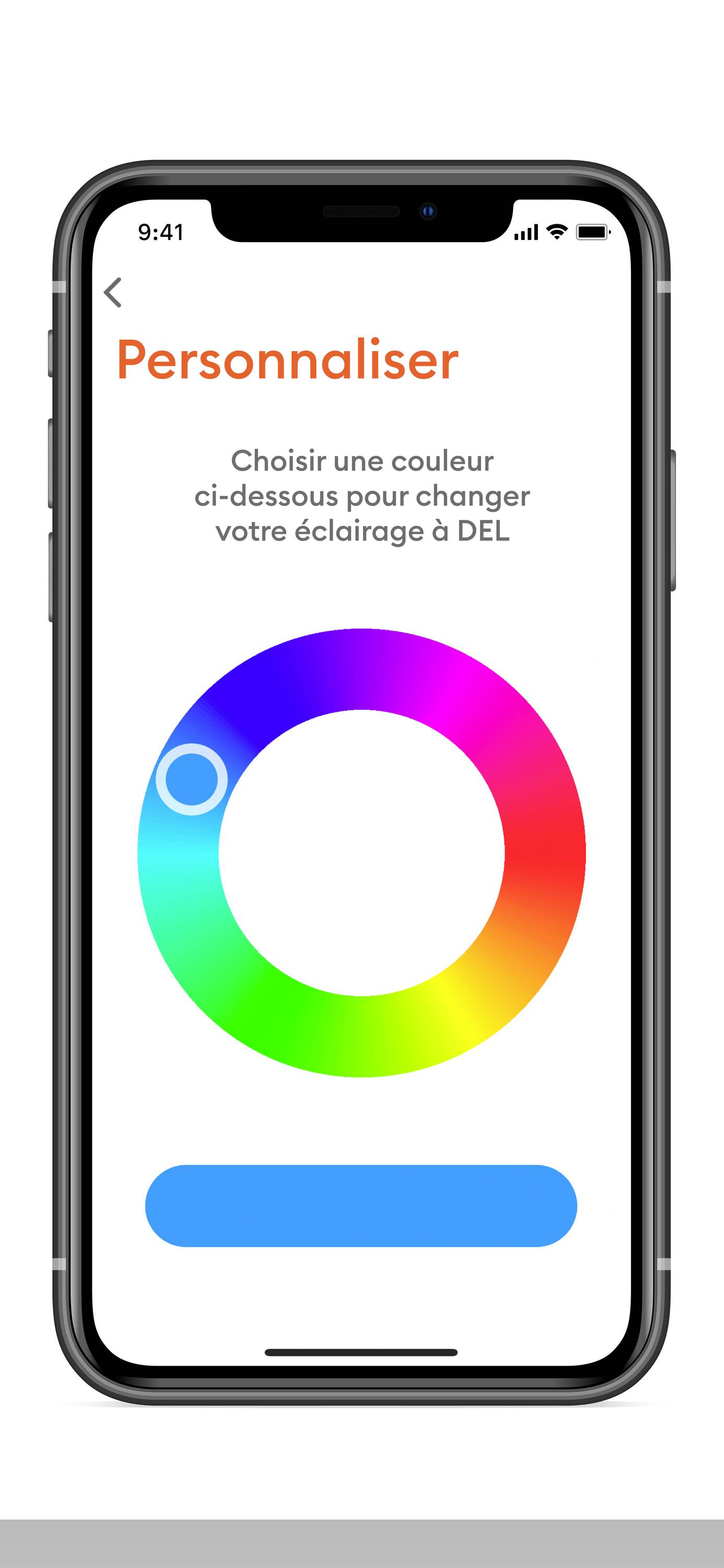 Ein Smartphone-Bildschirm zeigt einen Farbauswahlkreis mit einem blauen Schieberegler und dem Text in Französisch: 'Personnaliser'.
