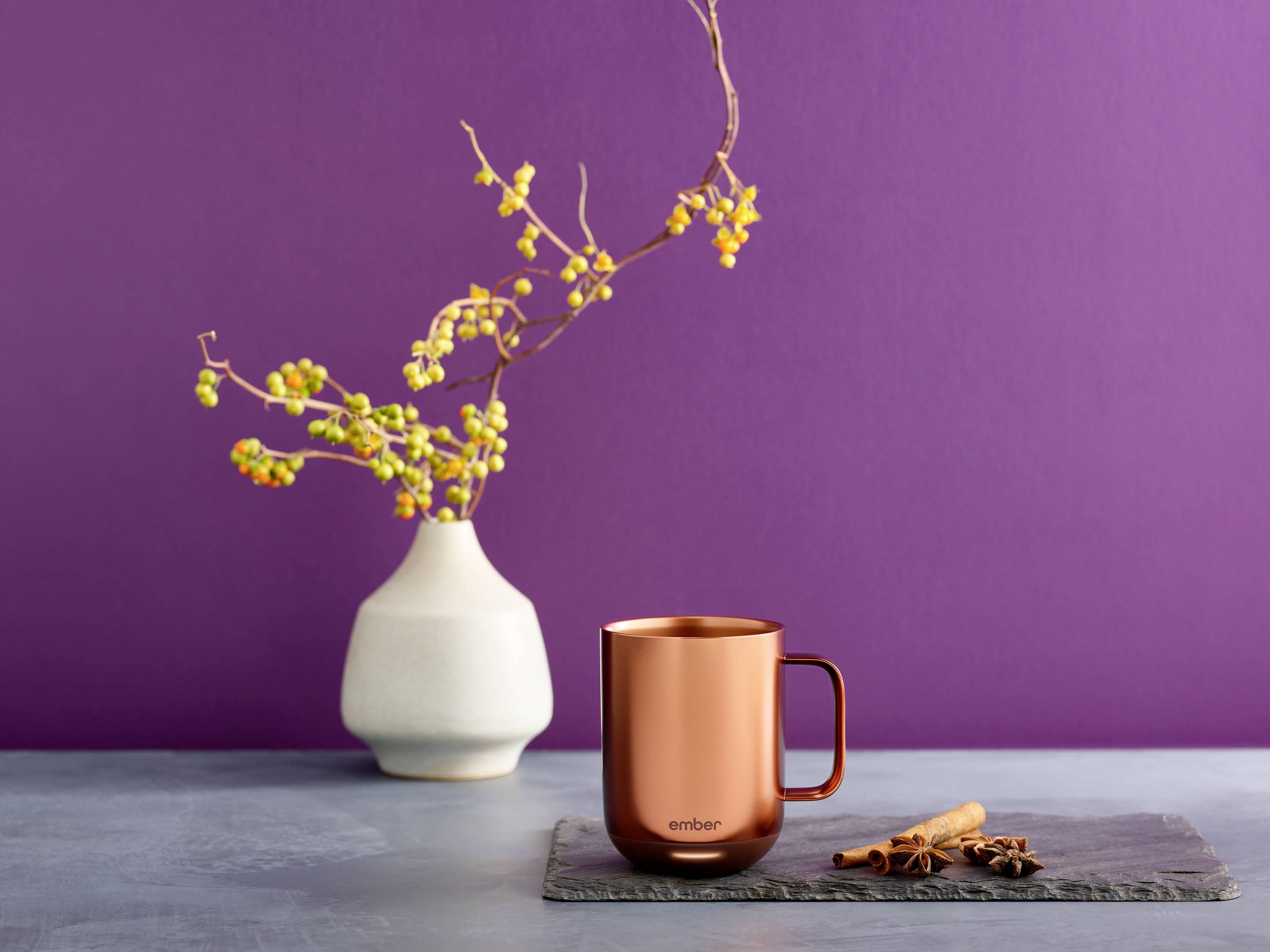 Eine kupferfarbene Tasse auf einer Schieferplatte steht vor einer violetten Wand. Daneben eine weiße Vase mit gelben Zweigen.