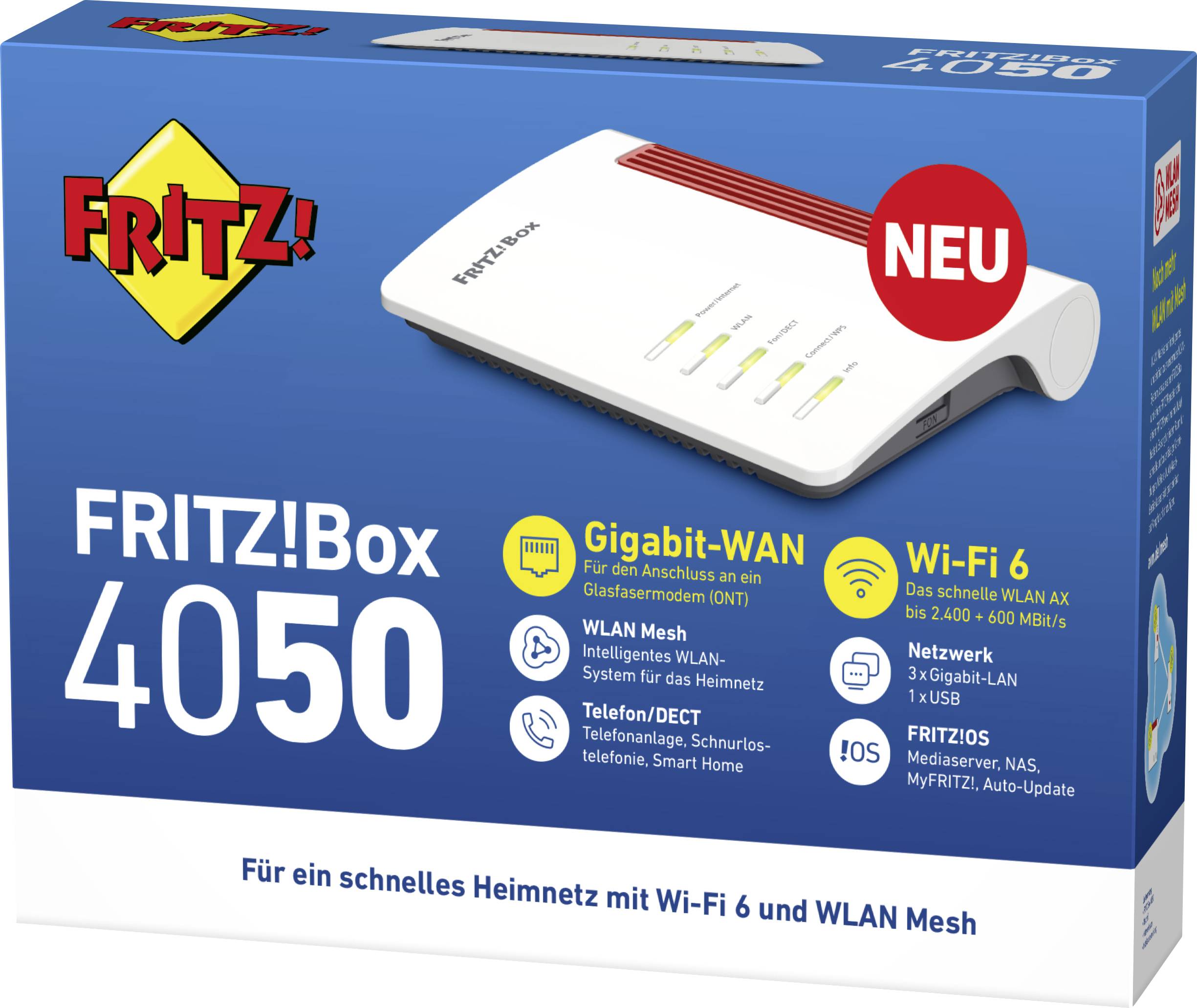 WLAN-Router Fritz!Box 4050 in weiß, beworben als ideal für schnelles Heimnetz mit Wi-Fi 6 und Gigabit-WAN, inklusive Mesh-Funktion.