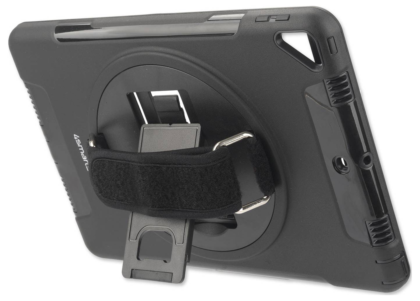 Robustes, schwarzes Tablet-Case mit rotierbarem Griff und integriertem Ständer, ermöglicht nutzerfreundliches Halten und Aufstellen.