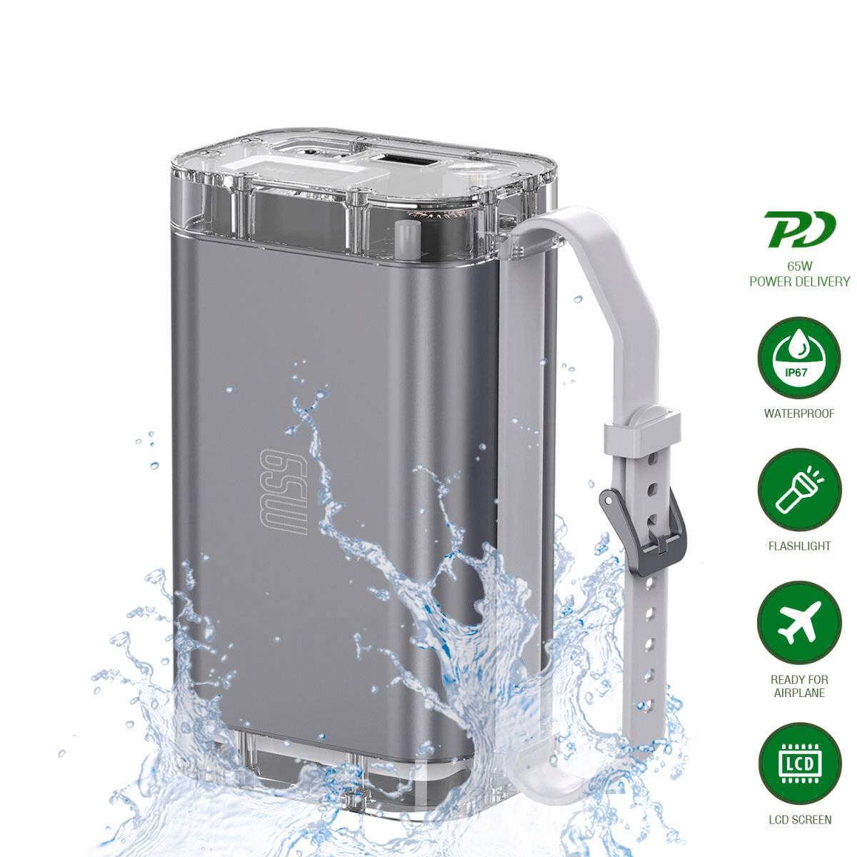 Graue Powerbank mit 65W Power Delivery, wasserdicht, integrierter Taschenlampe, LCD-Bildschirm, flugtauglich.