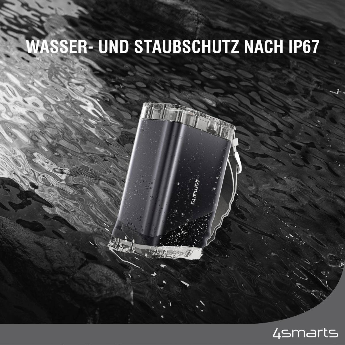 Ein robustes Gerät auf nasser Oberfläche, zeigt die Wasser- und Staubdichtigkeit gemäß IP67-Standard.