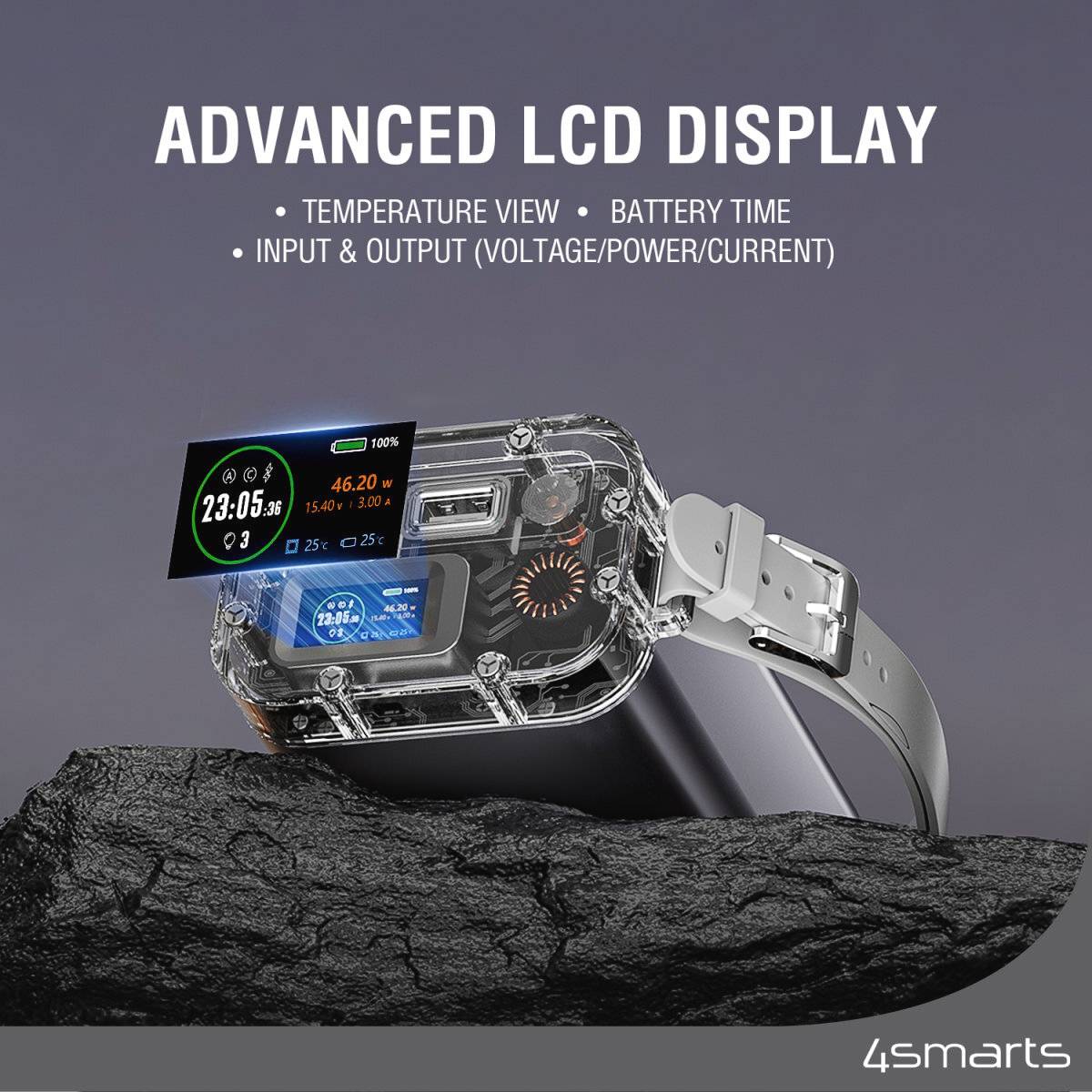 'Fortschrittliches LCD-Display' zeigt Temperatur, Batterielaufzeit, Spannung, Leistung und Stromstärke an. Gerät mit Sicht auf Innereien.