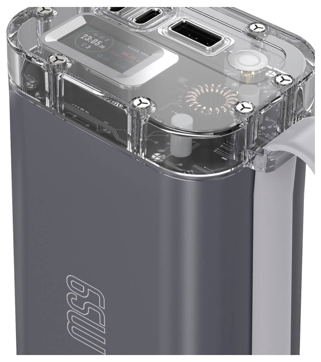 Leistungsstarker mobiler Akku in transparentem Gehäuse mit integrierter Ladestandanzeige.