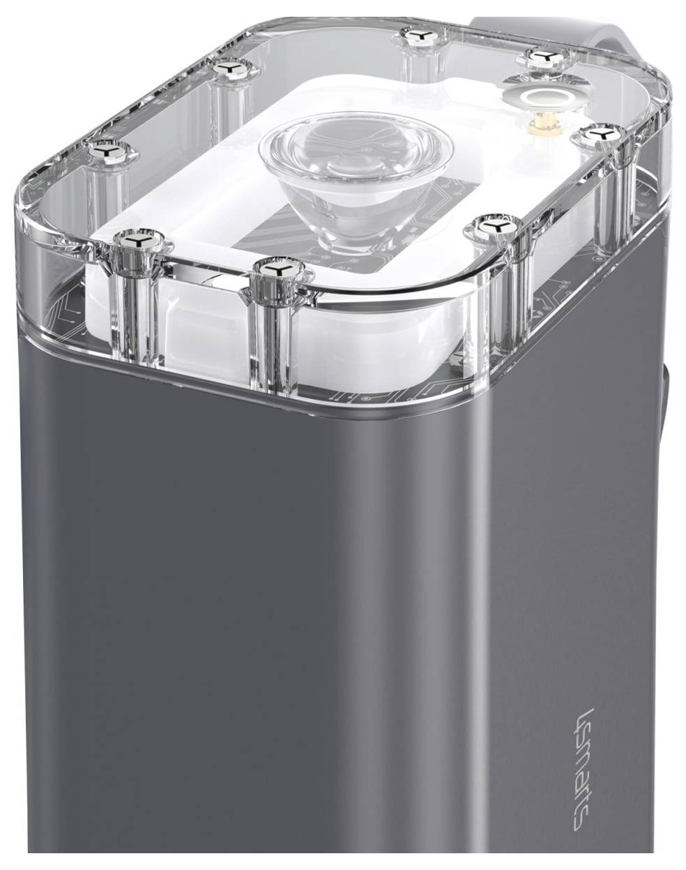 Schwarzer tragbarer Laserprojektor mit durchsichtigem Gehäuse und erkennbaren Bedienelementen auf der Oberseite.