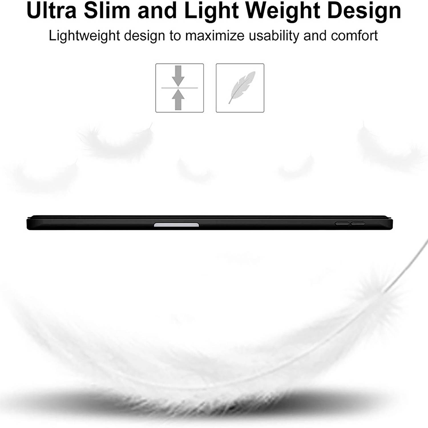 Tablet mit einem ultra-schlanken, leichten Design. Bild eines Feder-Symbols deutet auf Benutzerfreundlichkeit und Komfort hin.