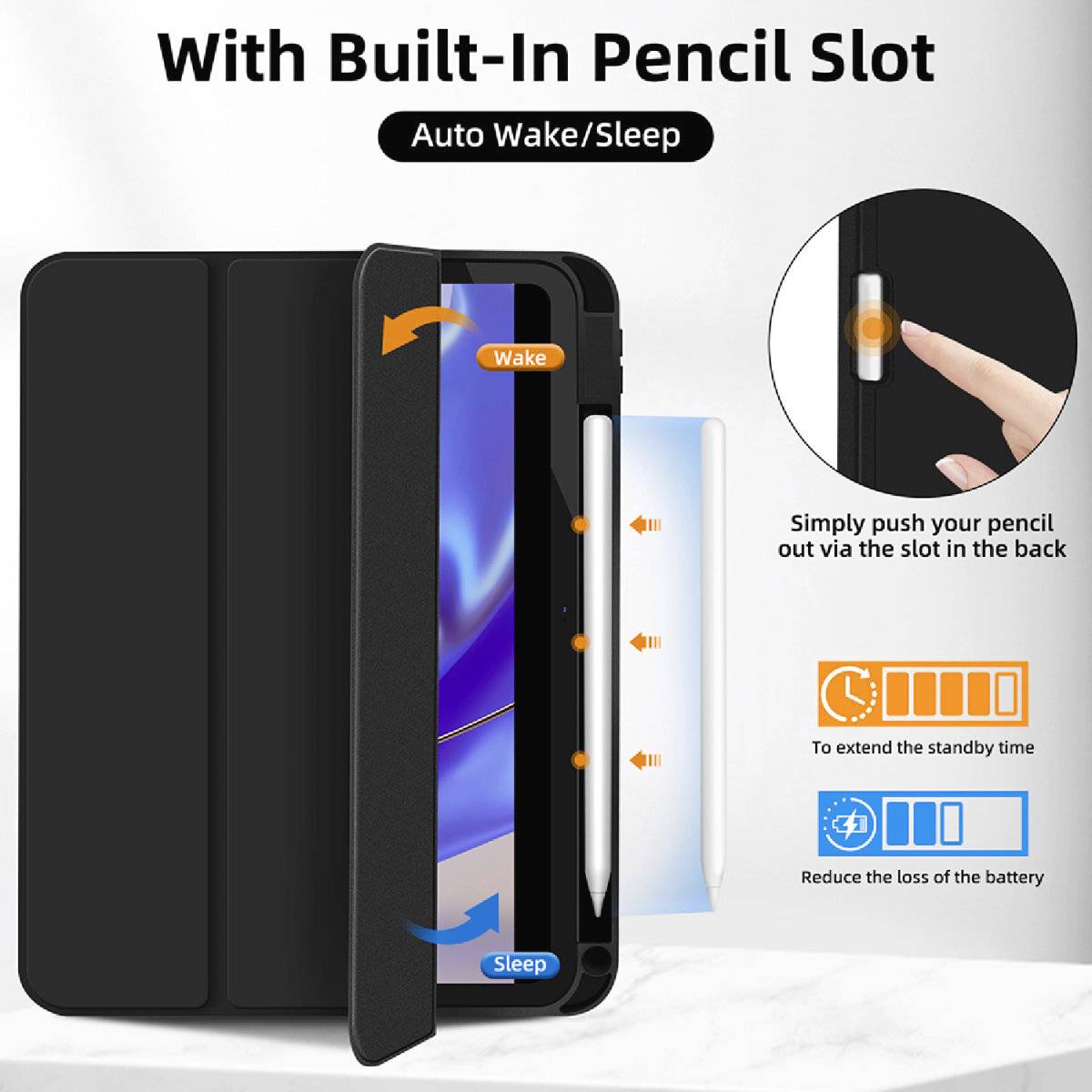 Tablet-Hülle schwarz, zeigt 'Auto Wake/Sleep' Funktion und 'integrierter Stifthalter'. Grafiken zur Anzeige von Schlafmodus und Akkunutzung.