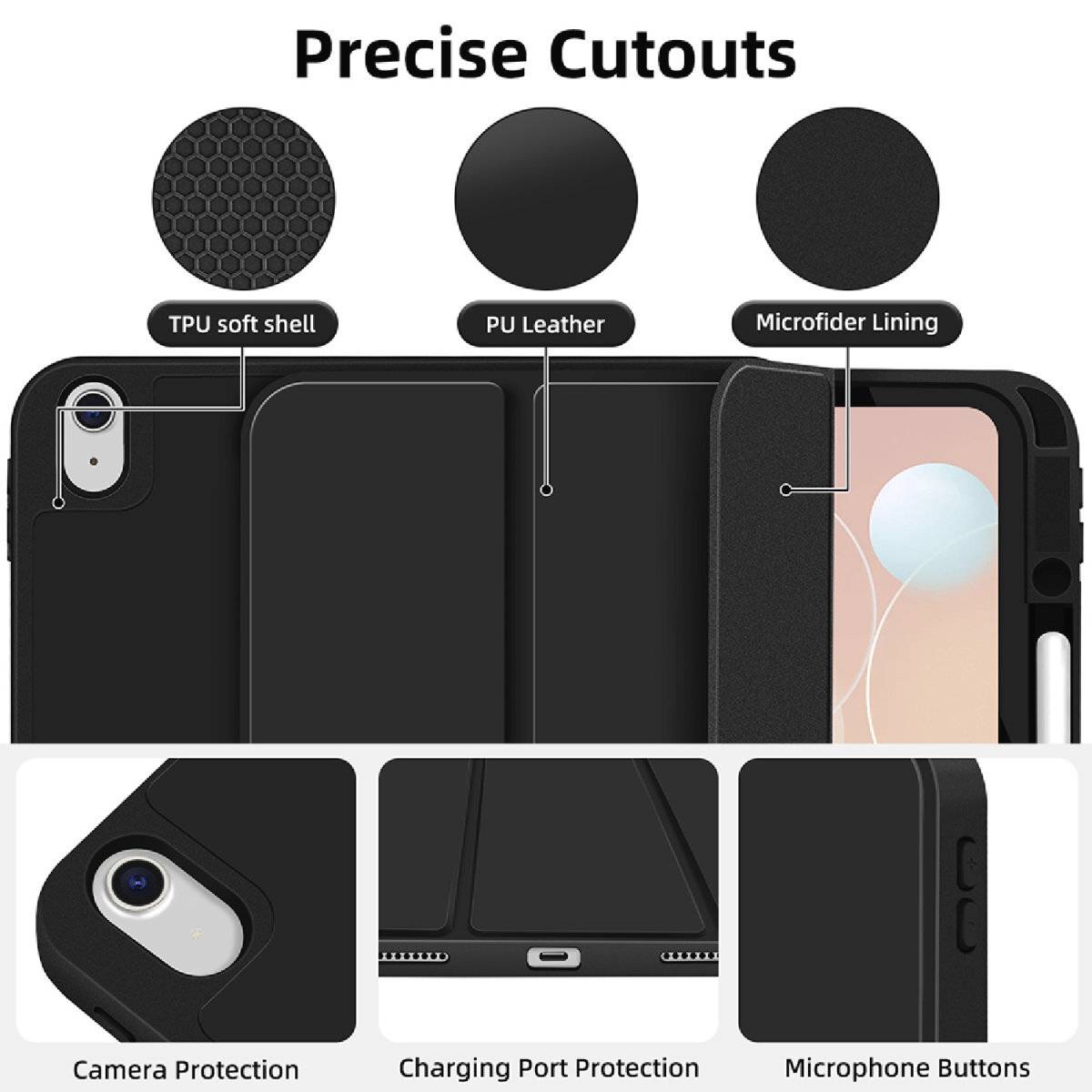 Ein Smartphone-Gehäuse zeigt präzise Ausschnitte für Kamera, Ladeanschluss und Mikrofontasten. Materialien umfassen TPU, PU Leder und Mikrofaser.