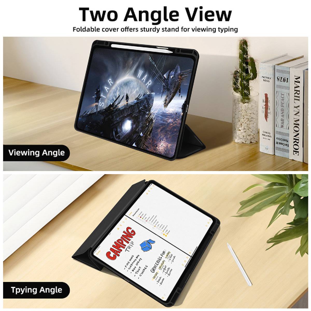 Zwei Ansichten eines Tablets: Oben im Betrachtungswinkel mit Weltraummotiv, unten im Schreibwinkel mit Notizen zum Thema Camping.