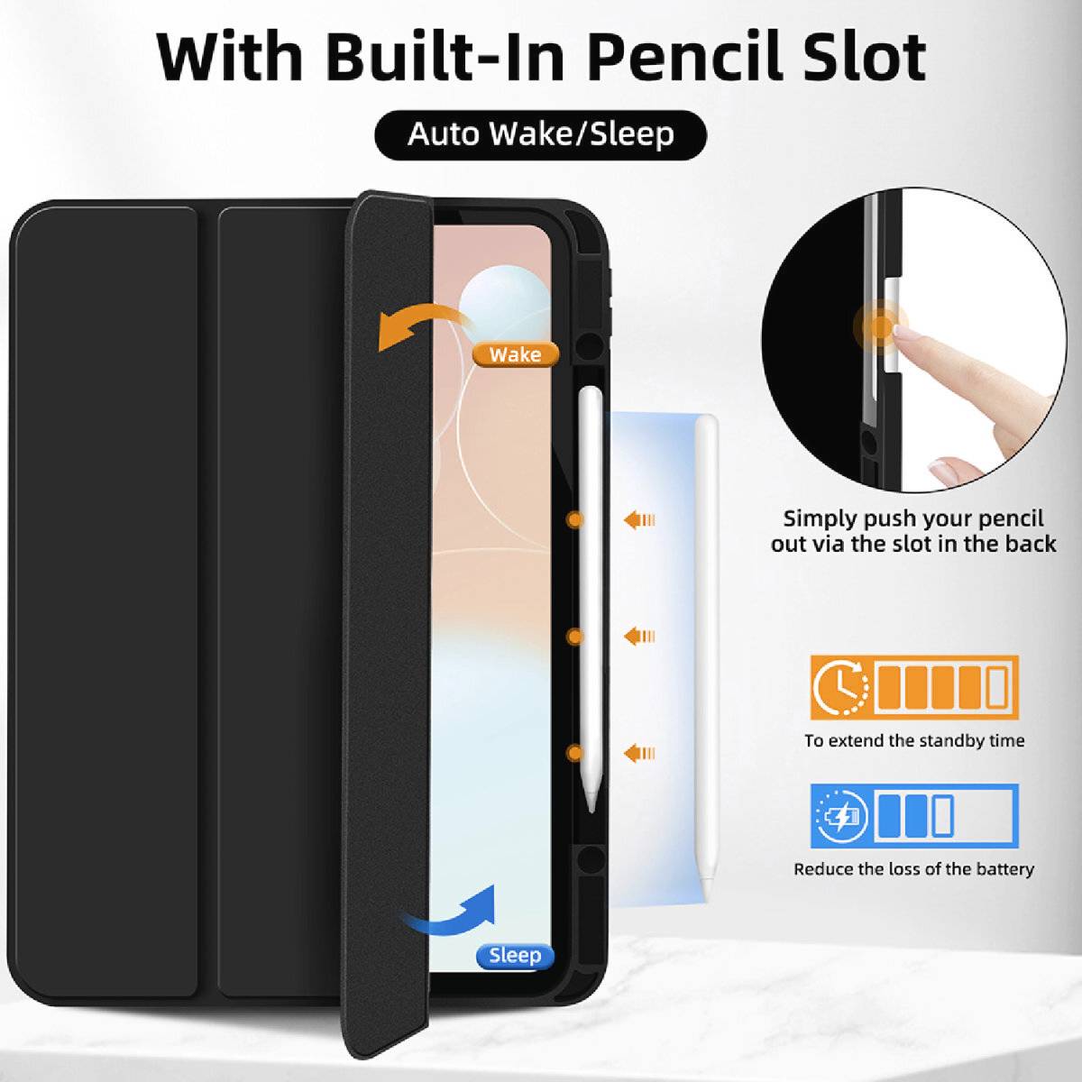Tablet-Hülle mit integriertem Stiftfach und Auto-Wake/Sleep-Funktion. Einfacher Zugriff auf den Stift, spart Batterieleistung.