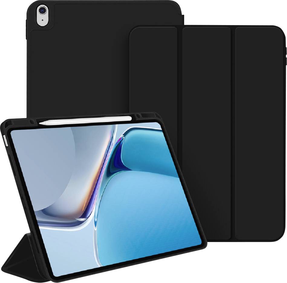 Tablet mit schwarzer Hülle in einem Ständer-Modus, Display zeigt ein abstraktes blaues und weißes Design.