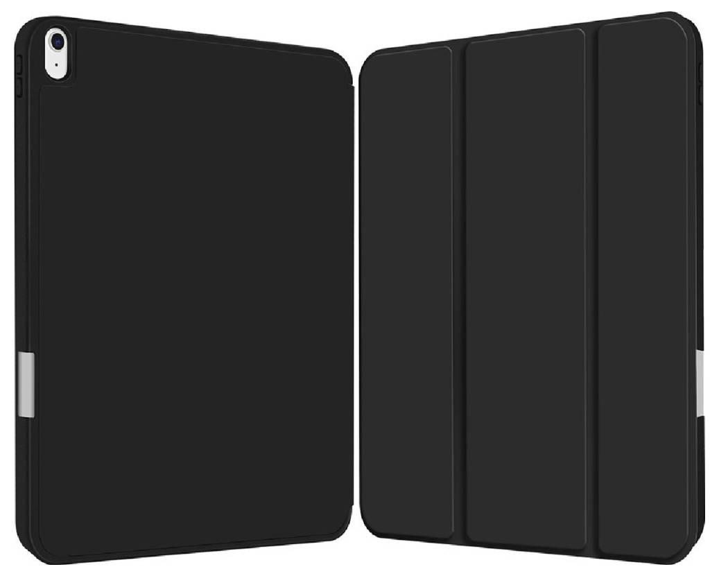 Zwei schwarze Tablet-Hüllen, eine geöffnet und eine geschlossen, zeigen unterschiedliche Ansichten der Hülle.