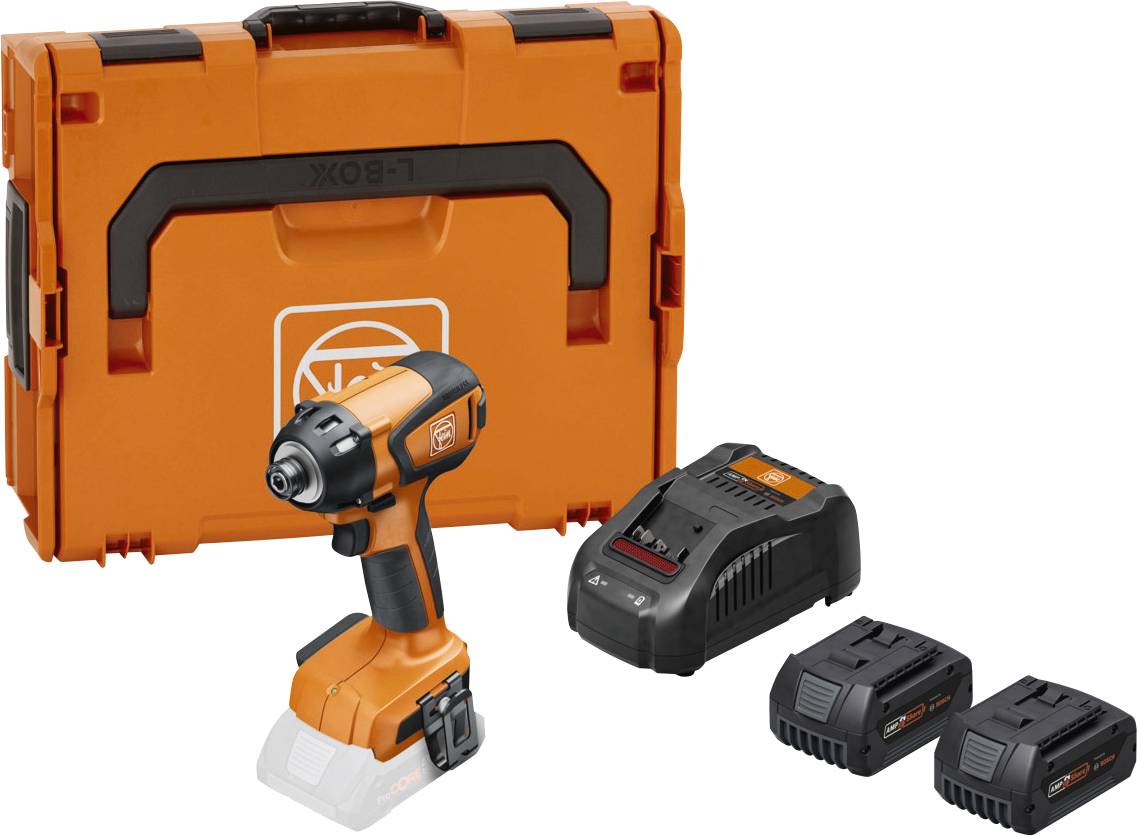 Akkuschrauber-Set mit orange-schwarzem Schrauber, zwei Akku-Packs, Ladegerät und passendem Koffer.