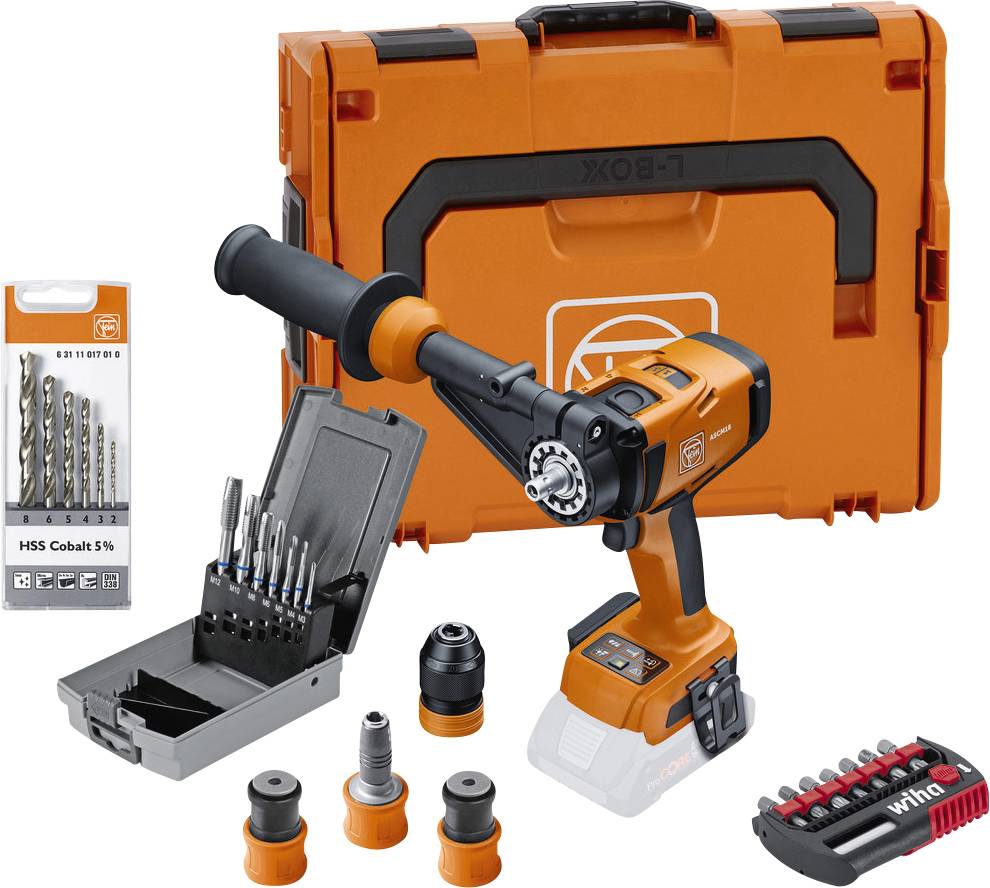 Akkubohrschrauber-Set mit orangenem Koffer, Bohrern, Ladegerät und Bits. Markenlogo auf Koffer. Ideal für Handwerksarbeiten.