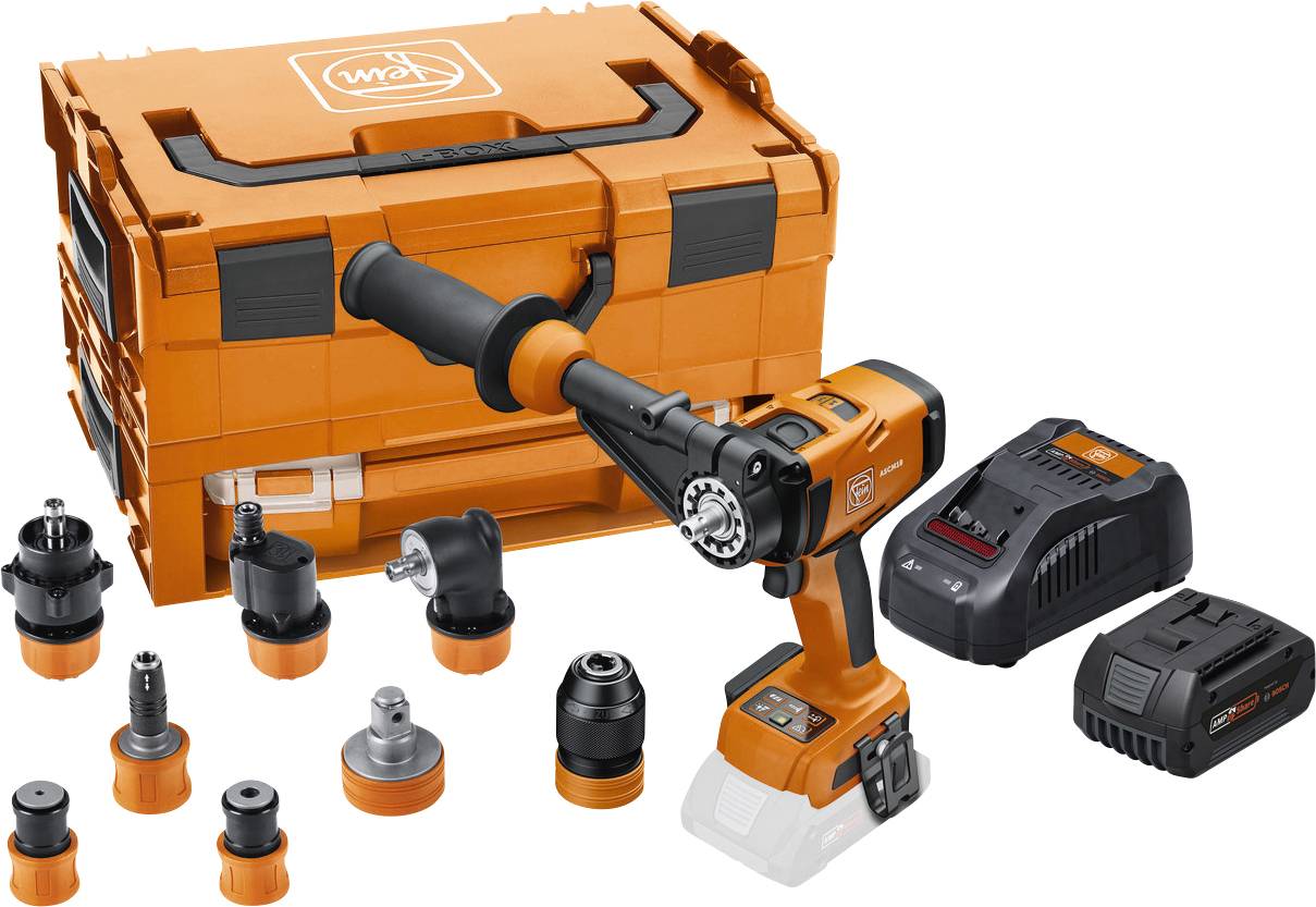 Ein orangefarbenes Elektrowerkzeugset mit mehreren Aufsätzen, Ladegerät und Koffer. Geeignet für vielseitige Bohr- und Schraubarbeiten.