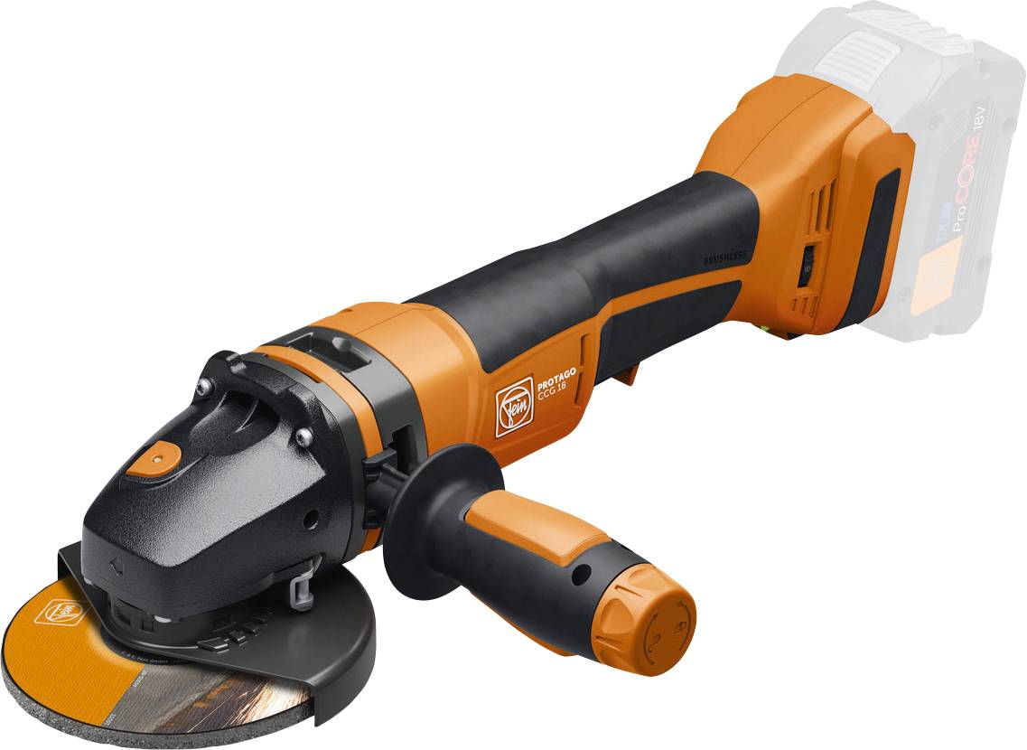 Akkubetriebener Winkelschleifer in Orange und Schwarz; ergonomisches Design; geeignet für verschiedene Schleif- und Trennarbeiten.