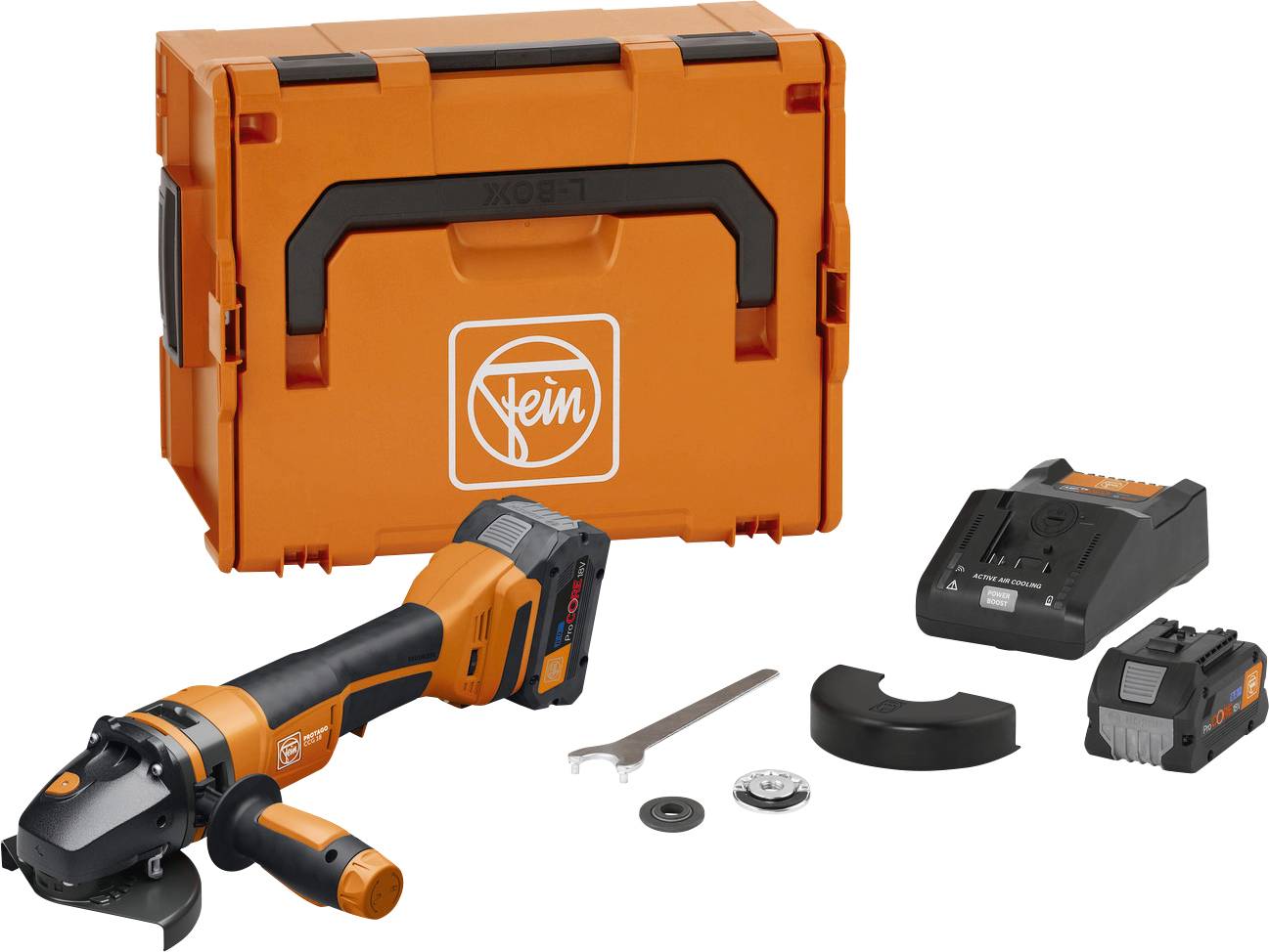 Akkuschleifer-Set mit orangefarbenem Schleifgerät, Ladegerät, Akku und Zubehör vor orangefarbener Transportbox. Markenlogo sichtbar.