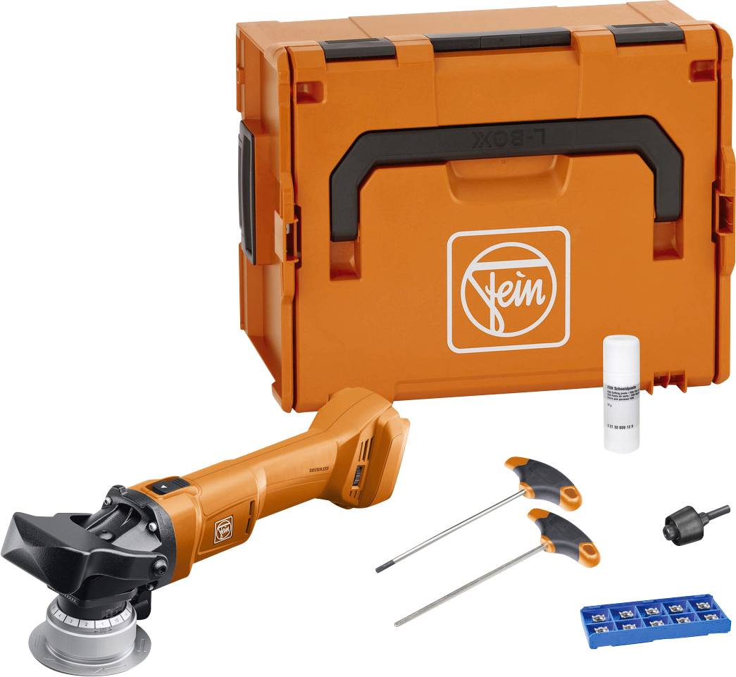 Ein orangefarbener Werkzeugsatz mit einem Schleifgerät, zwei Schraubendrehern, einer Paste und Zubehör, alles vor einem Koffer.