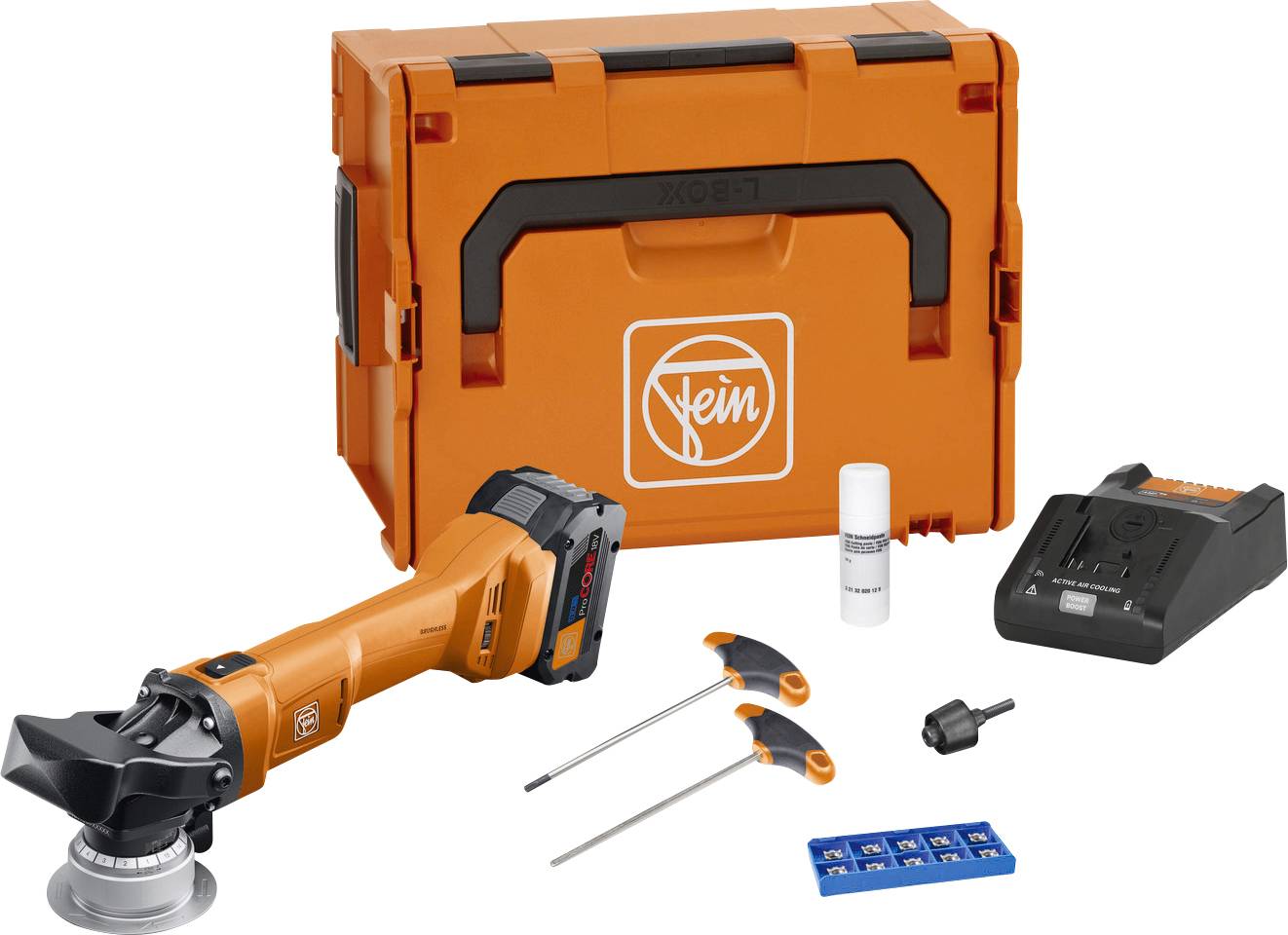 Akkuschrauber-Set bestehend aus einem orangen Akkuschrauber, Ladegerät, zwei Schraubendrehern, einem Ersatzteil und einer orangefarbenen Werkzeugbox.