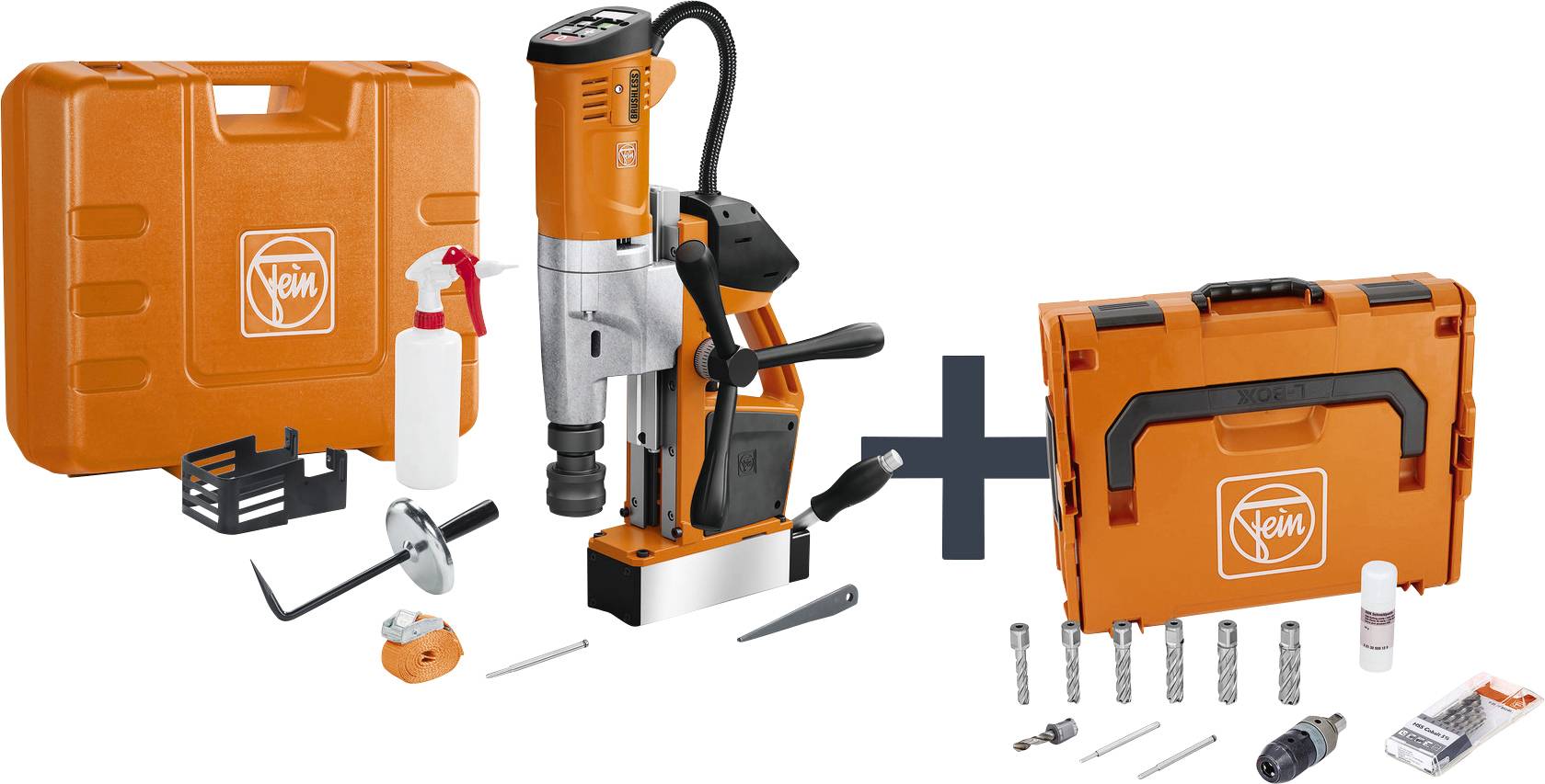 Bohrmaschine-Set mit orangem Koffer, Bohrmaschine, Bohrern und Zubehör. Beinhaltet auch Schmiermittel und Werkzeuge.