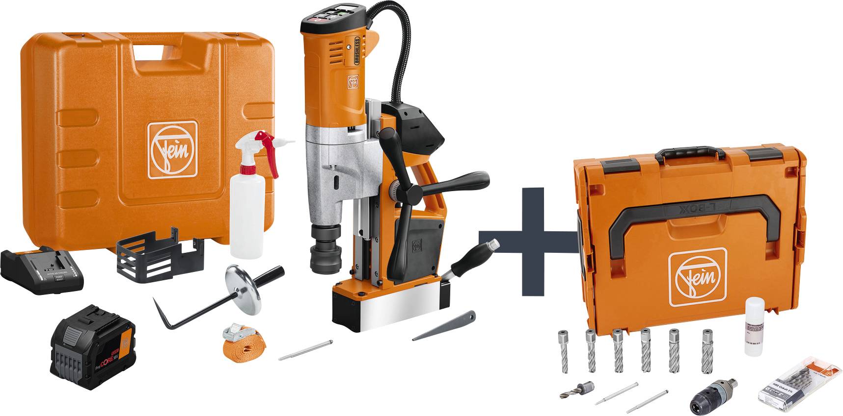 Fein Kernbohrmaschine mit Zubehörset und Transportkoffer; Lieferung beinhaltet Bohrer, Ladegerät und weiteres Montagewerkzeug.