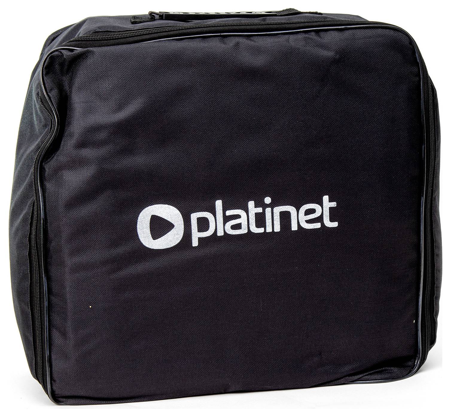 Schwarze Tasche mit weißem 'platinet'-Logo, quadratische Form, Reißverschluss an der Seite.