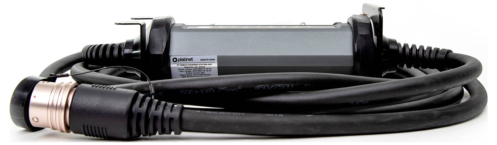 Schwarzes, dickes Elektrokabel mit Kupferanschluss an einem zylindrischen Kunststoffmantel. Beschriftung auf dem Mantel sichtbar.