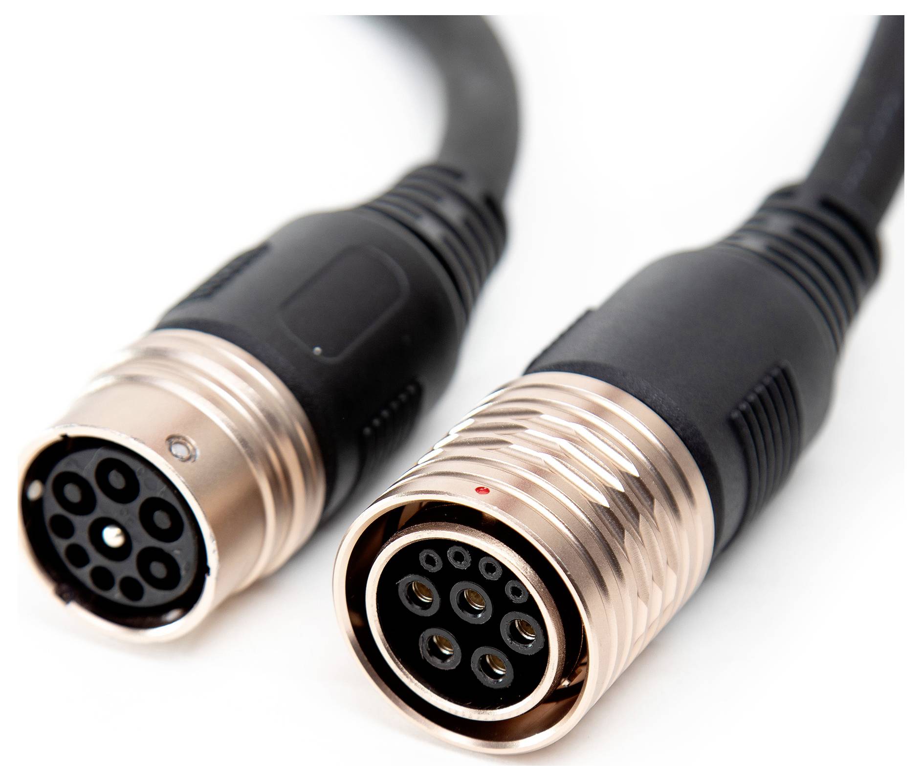 Zwei elektrische Stecker mit mehreren Pins, nebeneinander liegend. Der Vordergrund zeigt die Details der Steckverbindungen.
