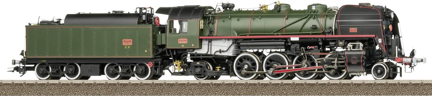 Grüne Dampflokomotive mit schwarzem Kessel und rotem Fahrgestell auf einem Gleis. Detalliert gestaltet, Modellbahnoptik.