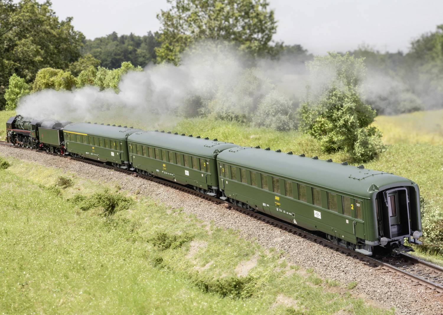 Zug mit grünen Waggons fährt durch grüne Landschaft; Rauchsäule zeigt Dampflokomotive. Bäume im Hintergrund.
